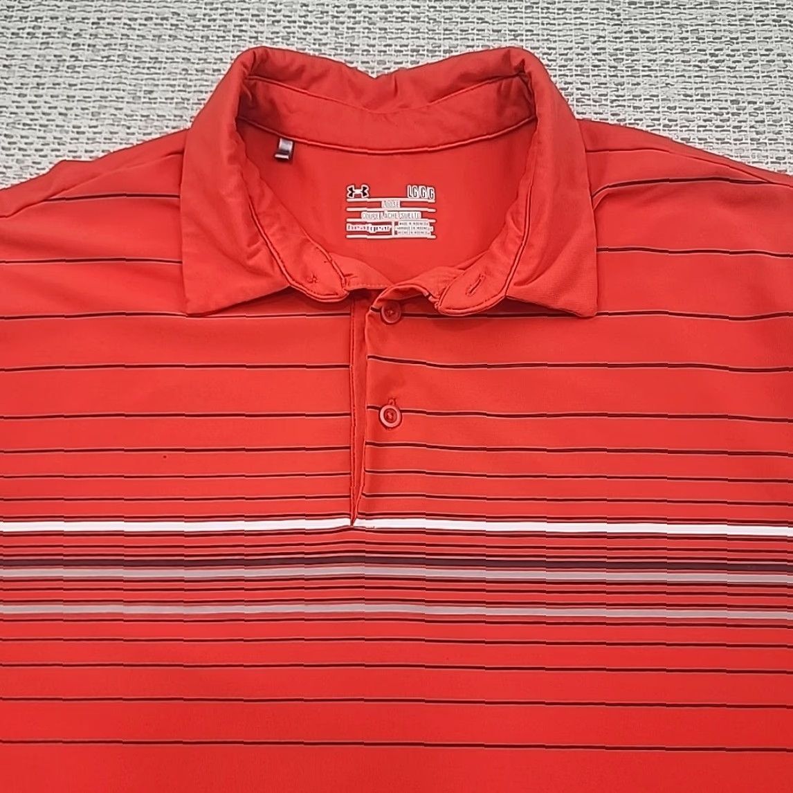 Under Armour Under Armour Polo Shirt Mens Large Short Sleeve ColdBlack HeatGear Orange Striped Polo Shirt Mens L Orange Heatgear Striped Size US L / EU 52-54 / 3 - 4 Thumbnail