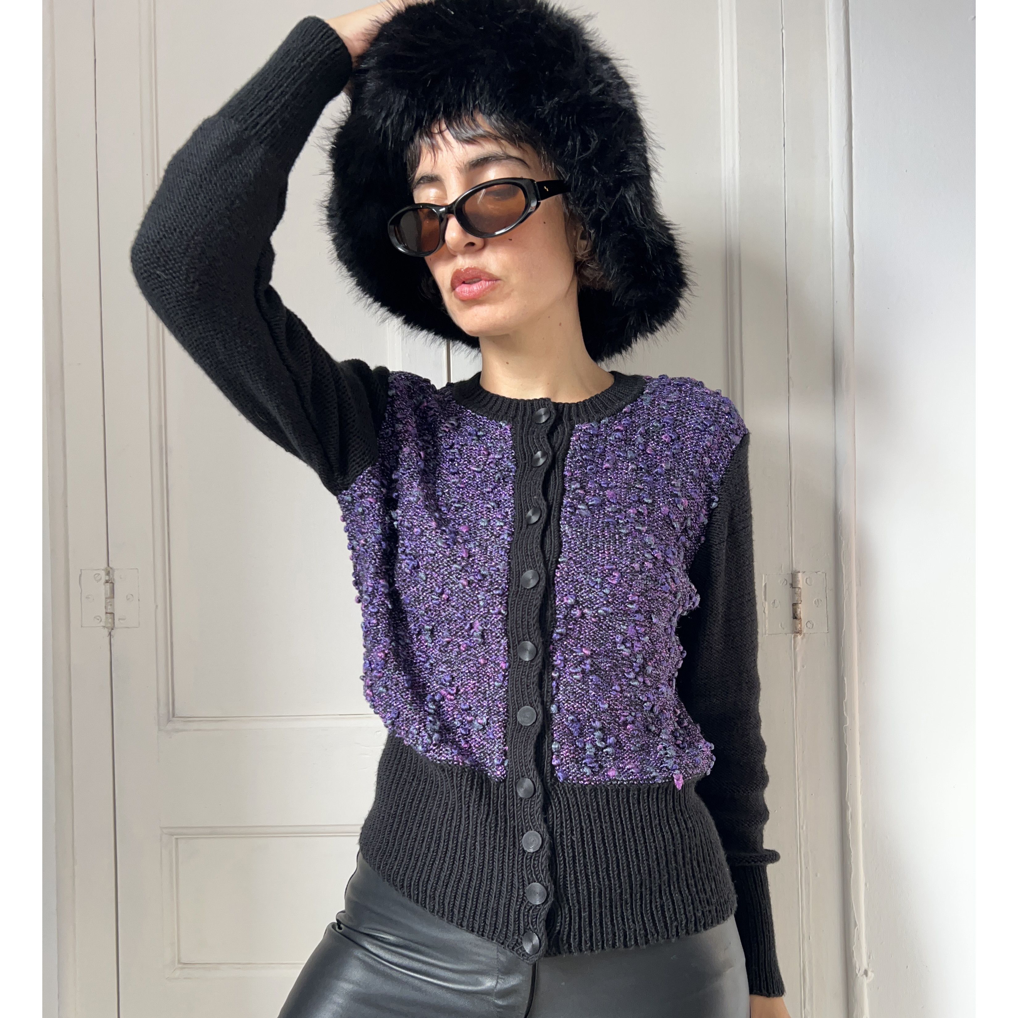 Vintage Vintage 90s Purple Bouclé Cardigan | Retro Tweed Knit Jacket Size M / US 6-8 / IT 42-44 - 5 Thumbnail
