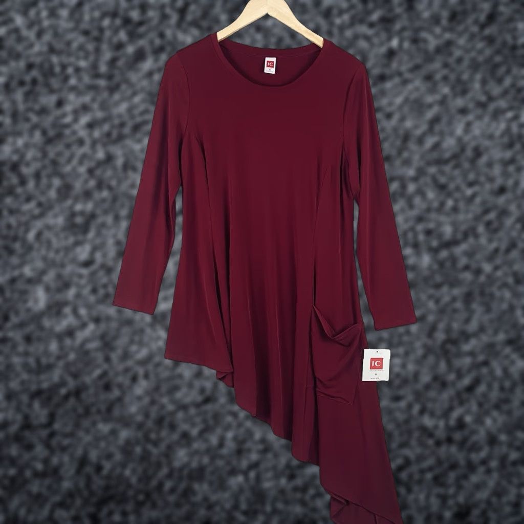 Vintage IC by Connie K Blouse Women M Red Tunic Round Neck Long Sleeve High-Low Hem NWT Jersey Drapey VINTAGE? (No) E320 Size M / US 6-8 / IT 42-44 - 1 Thumbnail