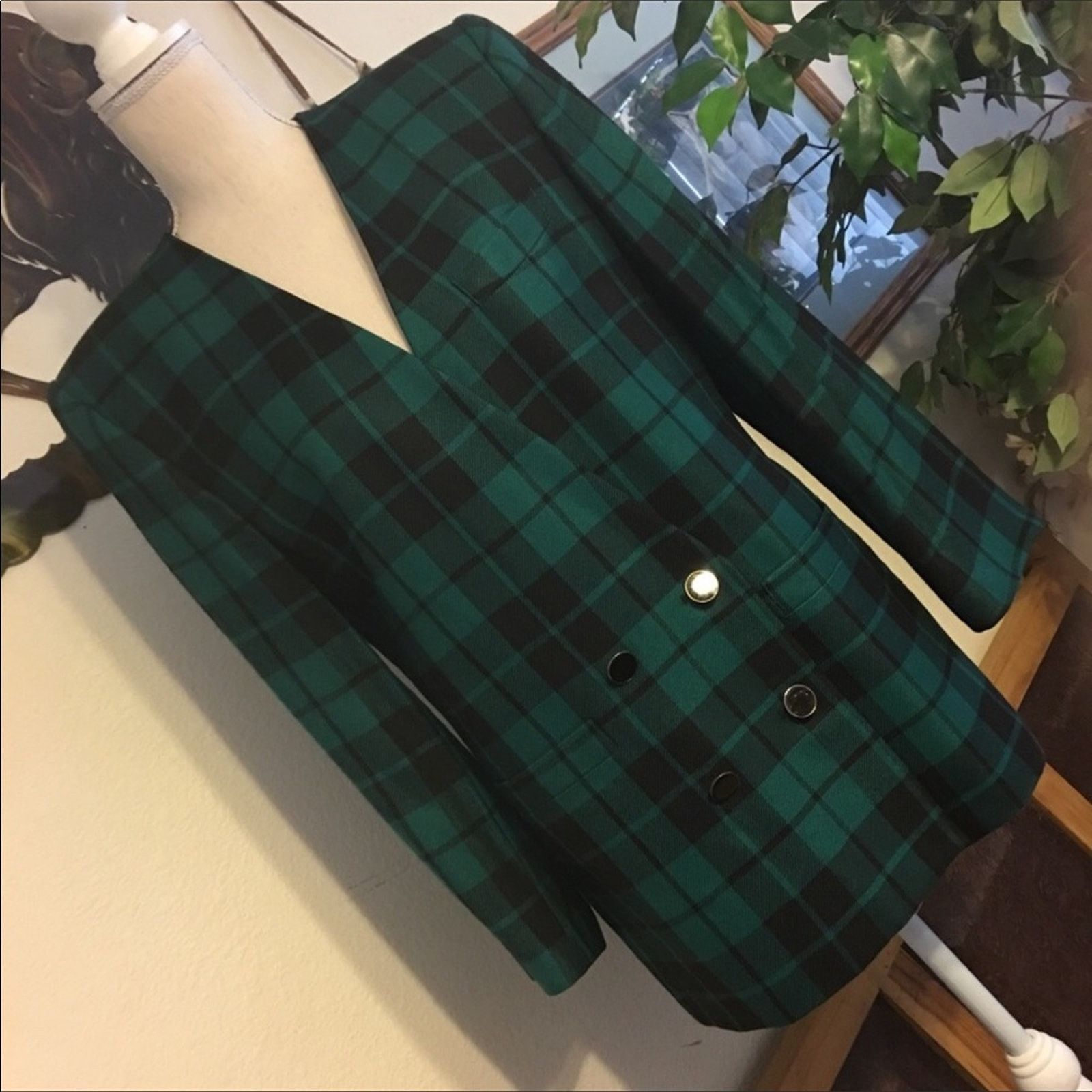 Vintage Vintage Kasper ASL green plaid button front blazer Size L / US 10 / IT 46 - 2 Thumbnail