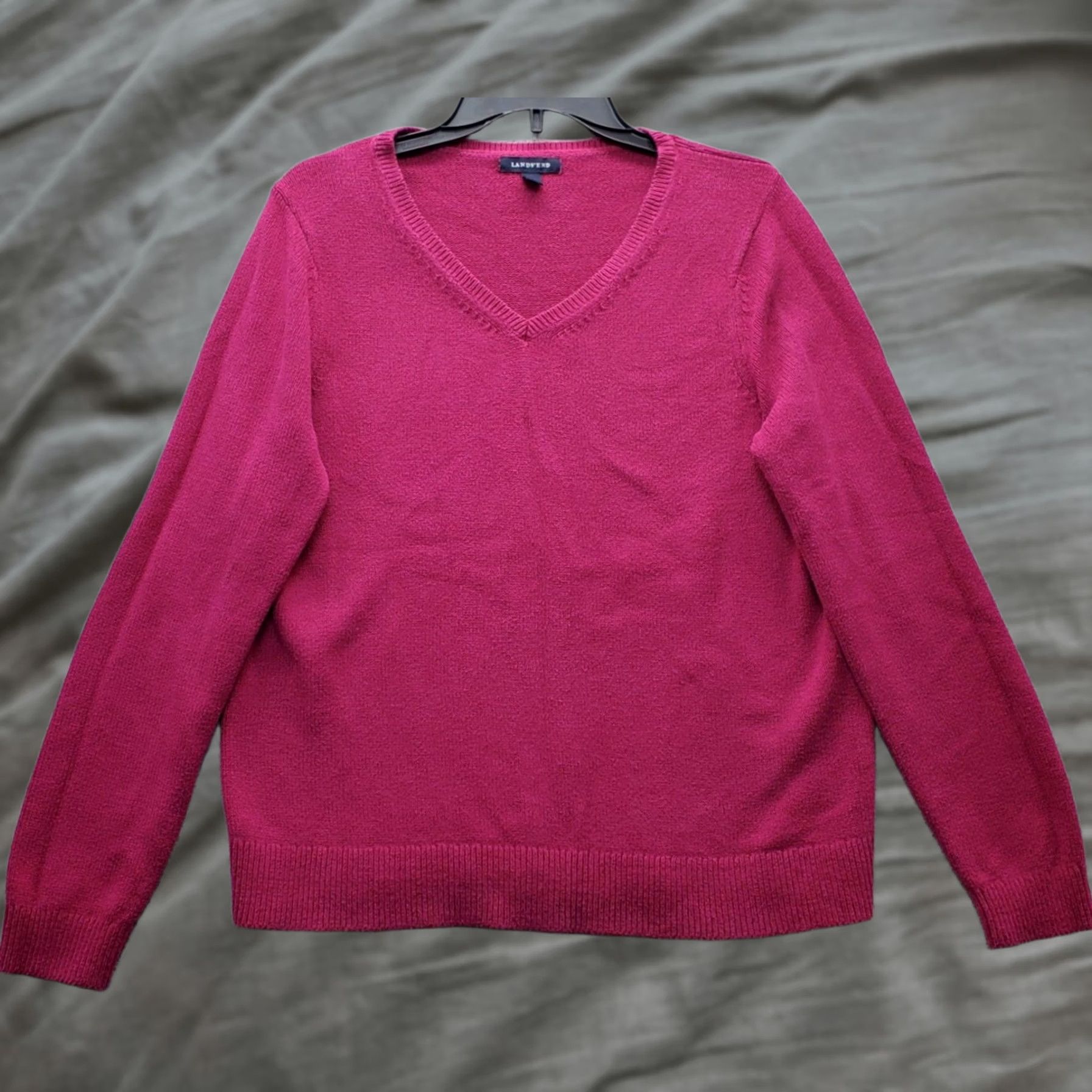 Lands' End Lands' End Womens Large Pink Solid Knit Raglan Hem & Cuff Pullover Sweater (V-Neck) Size L / US 10 / IT 46 - 1 Thumbnail