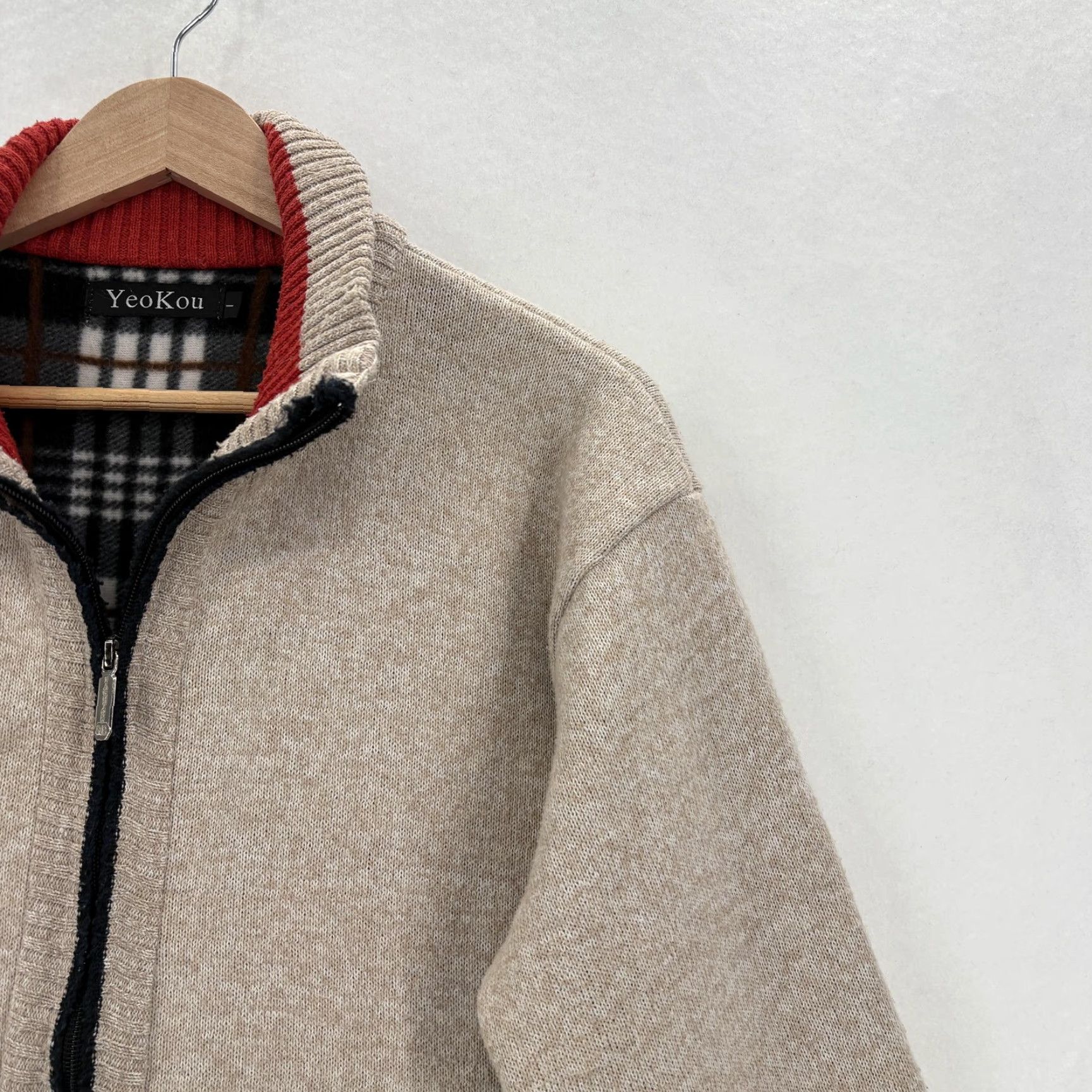 Vintage YeoKou Sweater Mens Large Beige Full Zip Knit Wool Blend Cashmere Lined Size US L / EU 52-54 / 3 - 2 Thumbnail