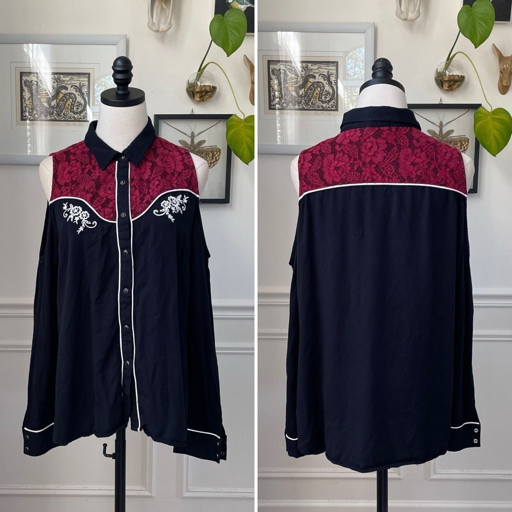 Other Shyanne Cold Shoulder Western Snap Front Cowgirl Shirt Black Size XL / US 12-14 / IT 48-50 - 2 Thumbnail