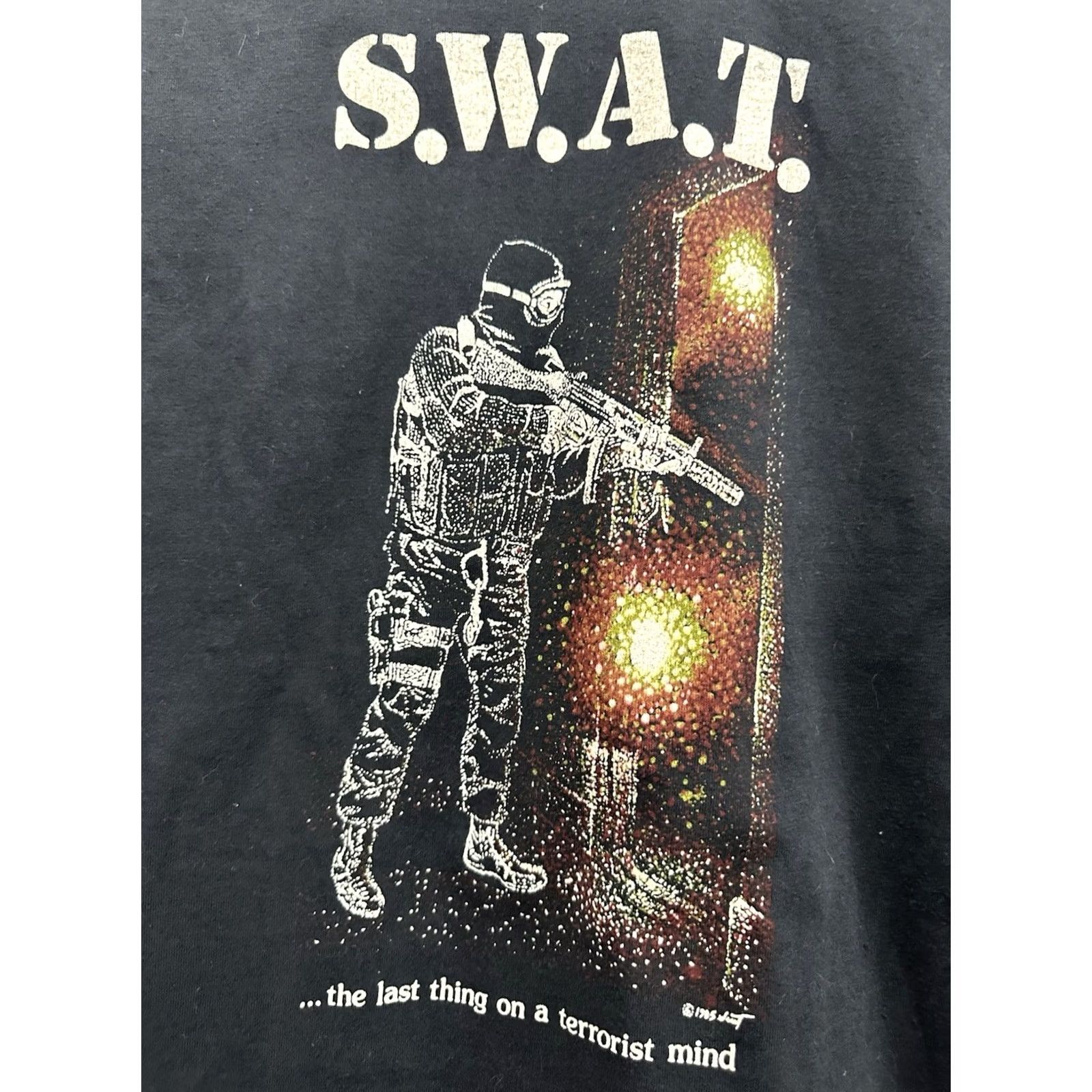 Hanes Hanes Black T-Shirt M VTG 80s DOE Last Thing On Terrorist Mind SWAT MP3 Gun Military Energy Power HK H&K AK47 Mens Size US M / EU 48-50 / 2 - 3 Thumbnail
