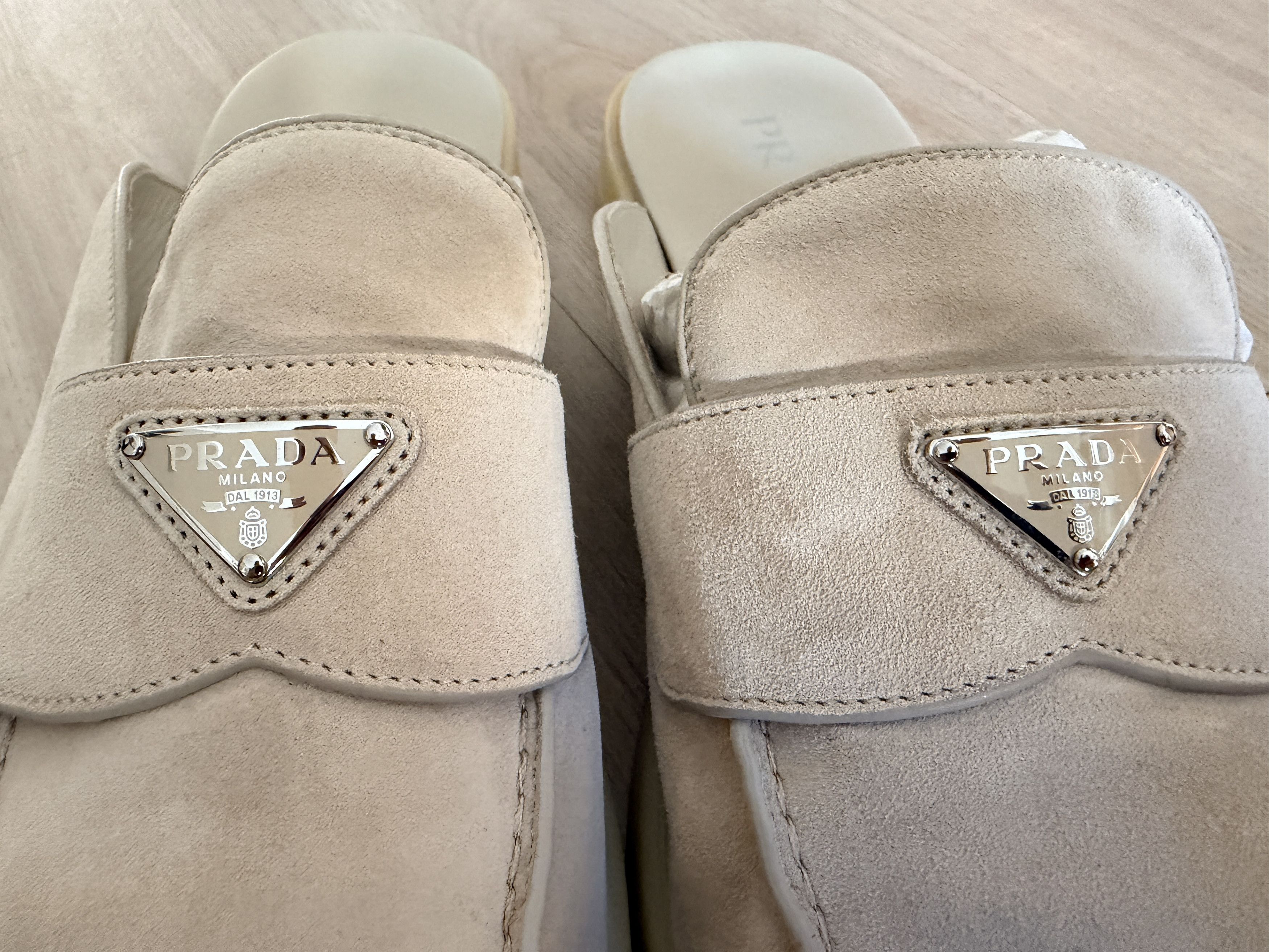 Prada PRADA Calfskin Ecru Suede Mules Size 12 (FITS LIKE 13) Size US 12 / EU 45 - 2 Thumbnail