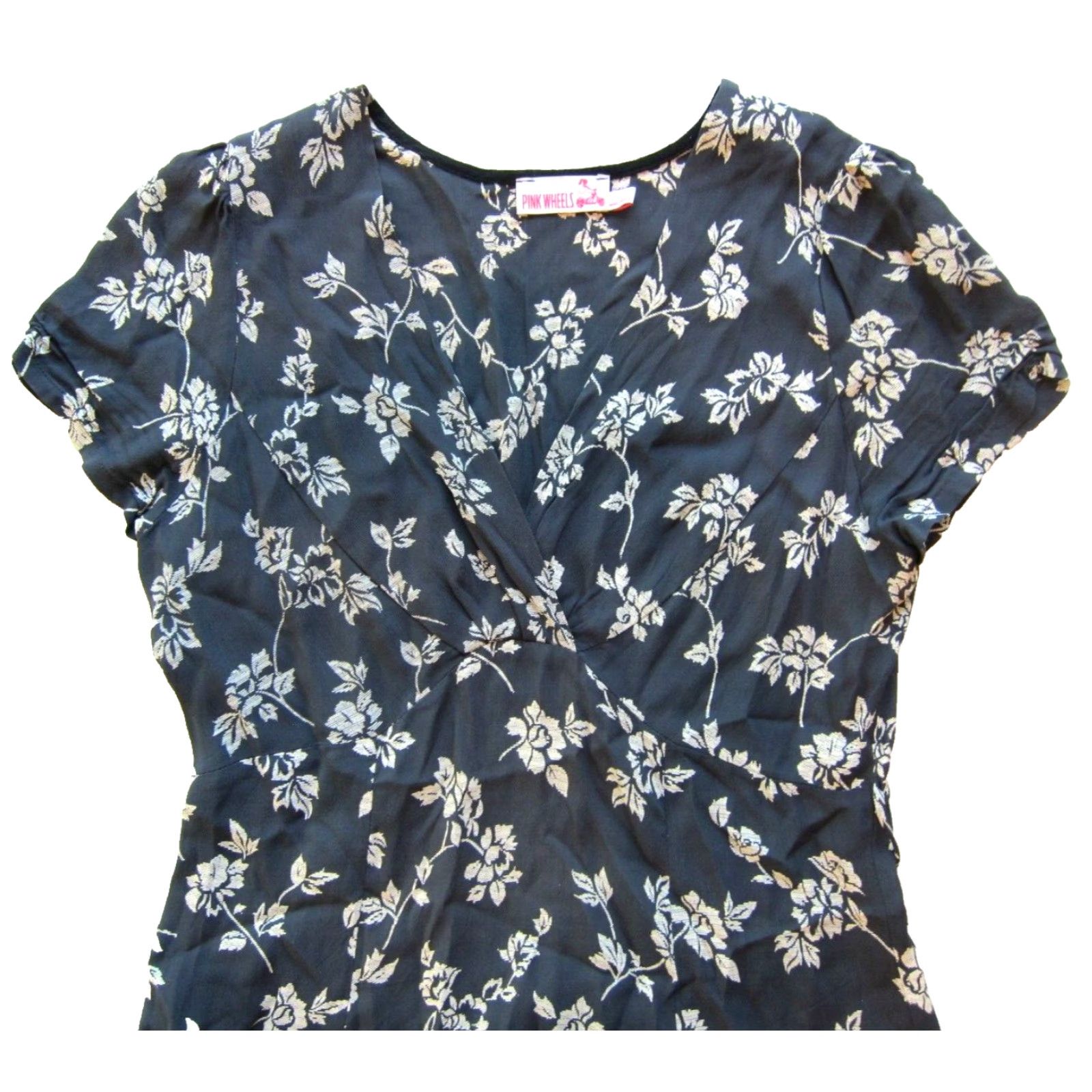 Pinko Pink Wheels Dress Short Sleeve V-Neck Midi Floral 100% Rayon Grey Small Womens Regular Pink Wheels Size 28" / US 6 / IT 42 - 4 Thumbnail