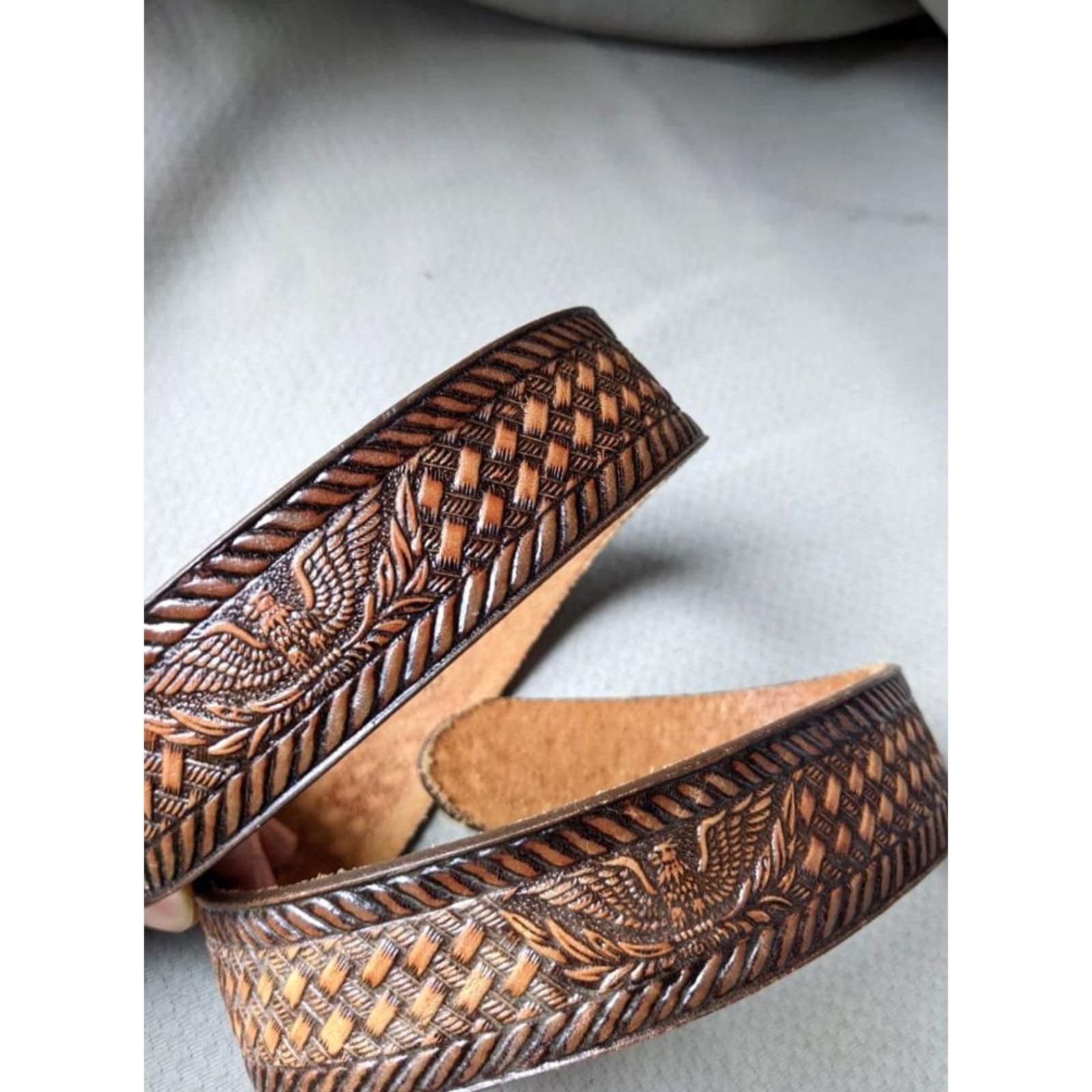 Vintage VINTAGE Brushy Creek Western Belt 28 Brown Leather Tooled Eagle Buckle Men Size 28 - 2 Thumbnail