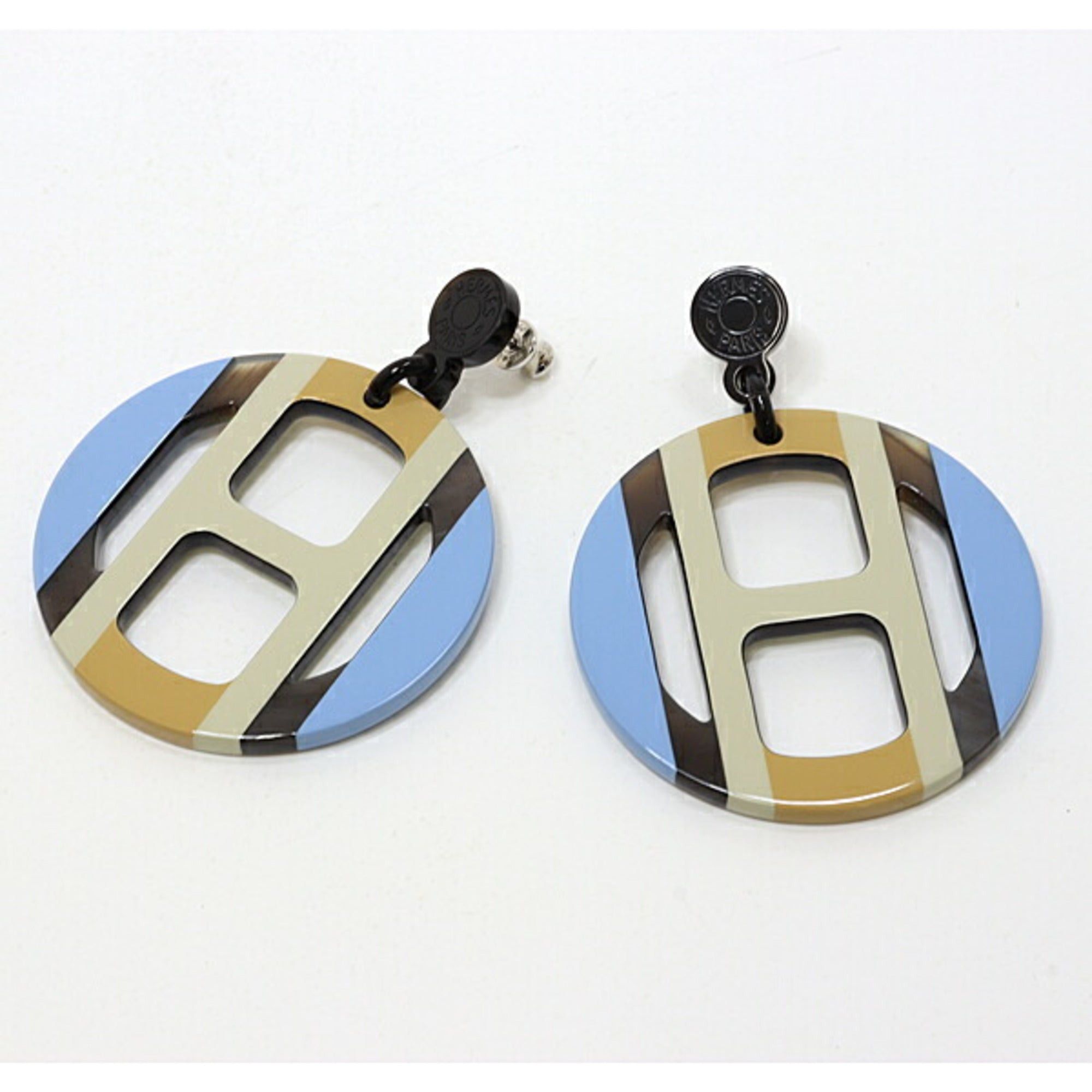 image of Hermes Earrings H Equipe Beige Clan Blue Chardon Buffalo Horn Lacquer in Black, Women's