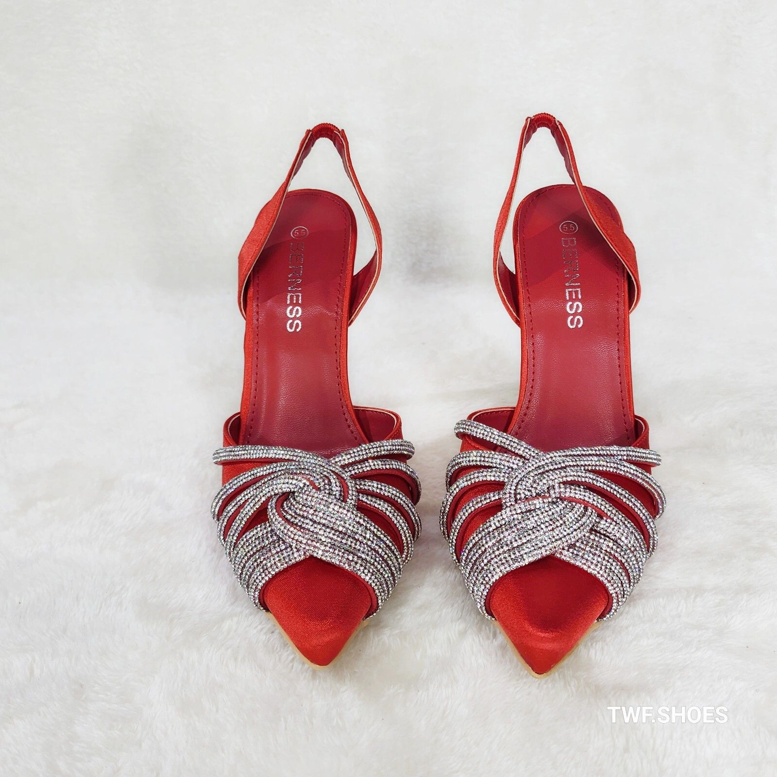 Other Elegance Slip on Slingback Red Satin Rhinestone Pointy Toe H Size US 8 / IT 38 - 6 Thumbnail
