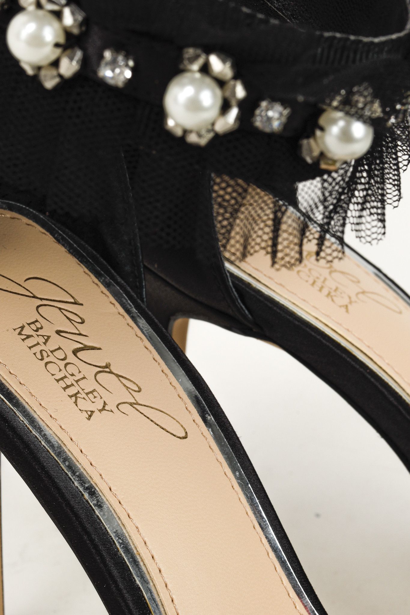 Badgley Mischka Badgley Mischka Jewel Black Tulle Ruffle and Pearl Sandals Size US 5.5 / IT 35.5 - 10 Thumbnail