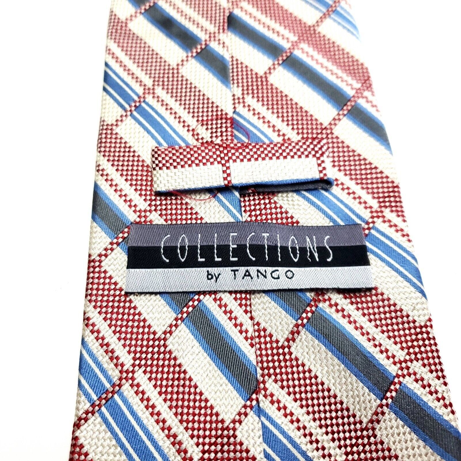Designer Tango Collections Woven Cream Red Blue Plaid Silk Tie Size ONE SIZE - 3 Thumbnail