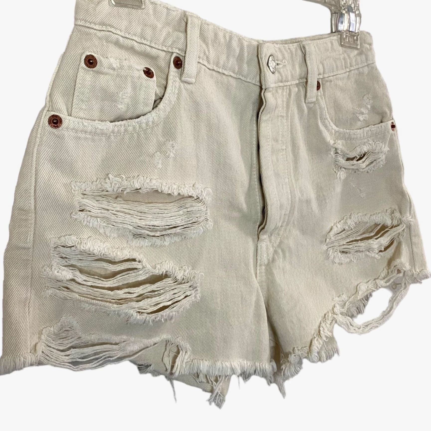 Zara Zara High-Waisted Jean Shorts Women's 2 Cream Distressed Raw-Hem Frayed Denim Shirt? Size 26" / US 2 / IT 38 - 3 Thumbnail