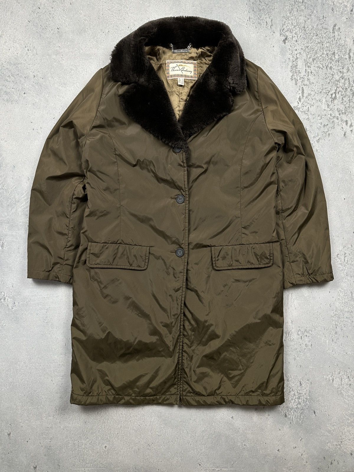 Burberry Vintage Thomas Burberry 80s Faux Fur Collar Long Padded Coat Size XL / US 12-14 / IT 48-50 - 1 Thumbnail