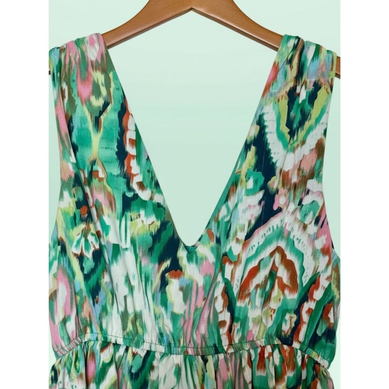 Other Tiered V-Neck Green Print Maxi Dress Size L / US 10 / IT 46 - 2 Thumbnail