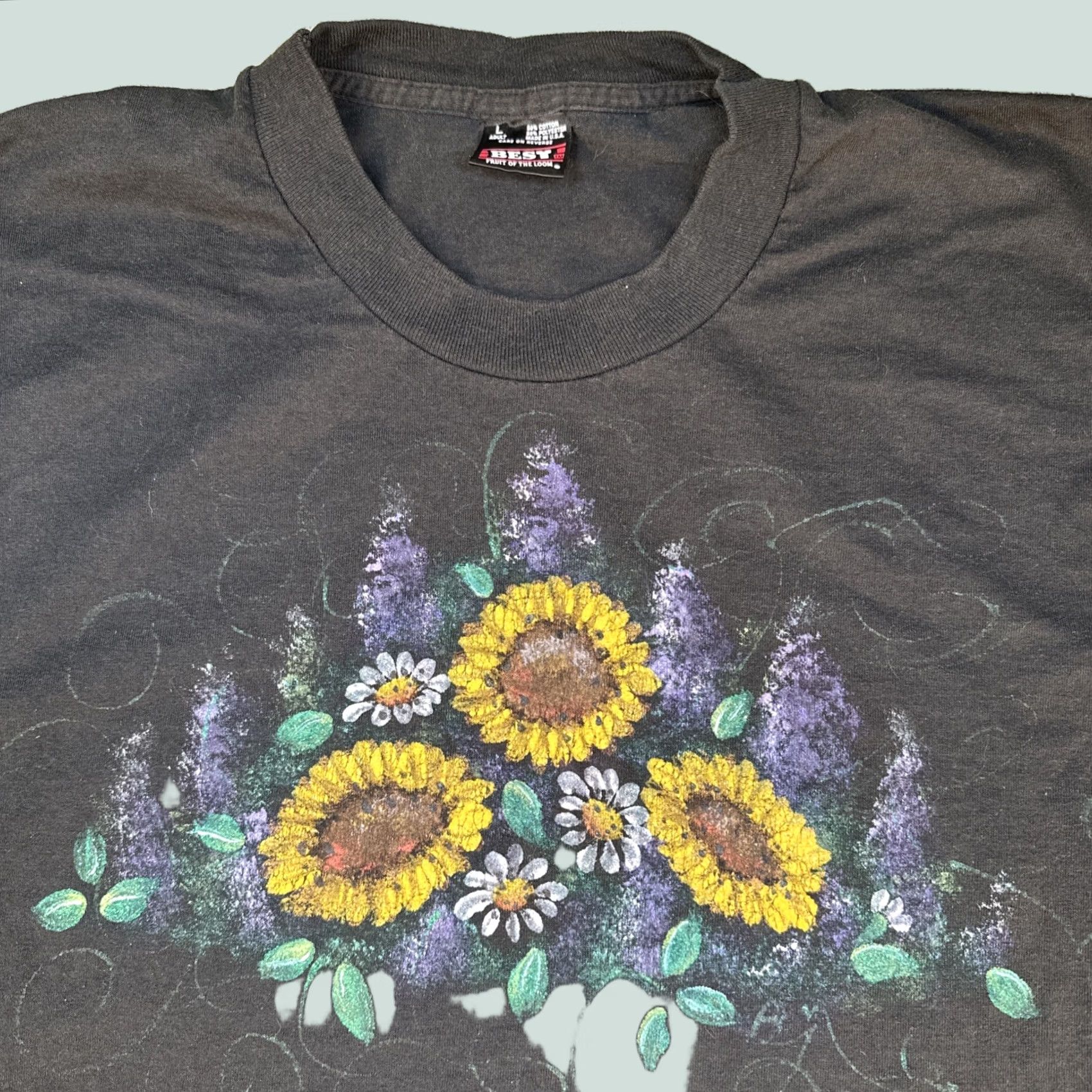Fruit Of The Loom VINTAGE Sunflowers T Shirt Womens L Blacks Floral Nature Embroidered USA Fruit of the Loom Short Sleeve Crew Neck Cotton Size L / US 10 / IT 46 - 1 Thumbnail