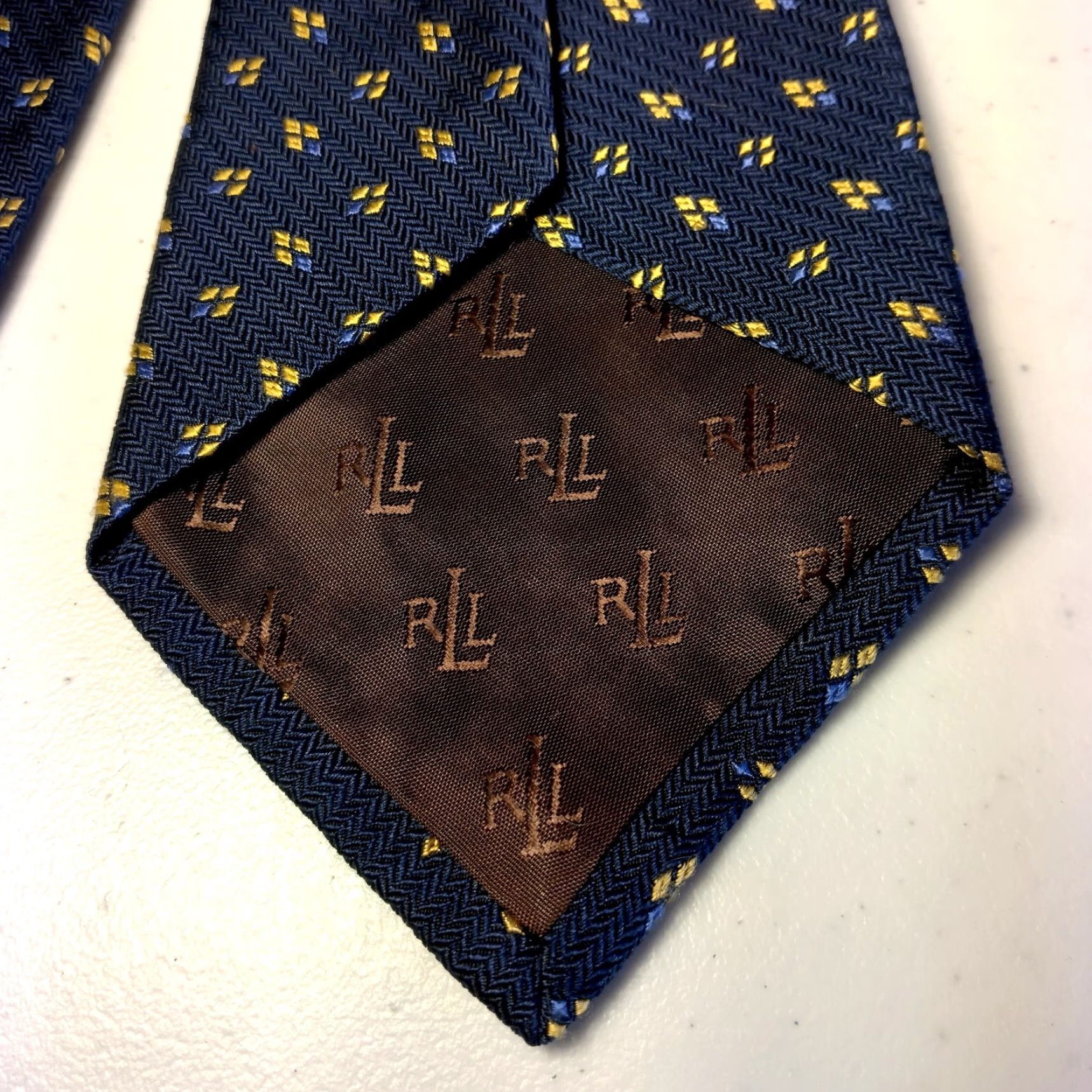 Ralph Lauren VINTAGE Lauren Ralph Lauren Tie Geometric Silk USA Made 57.5" Blue Yellow Diamond Pattern Men's Necktie Size ONE SIZE - 6 Thumbnail