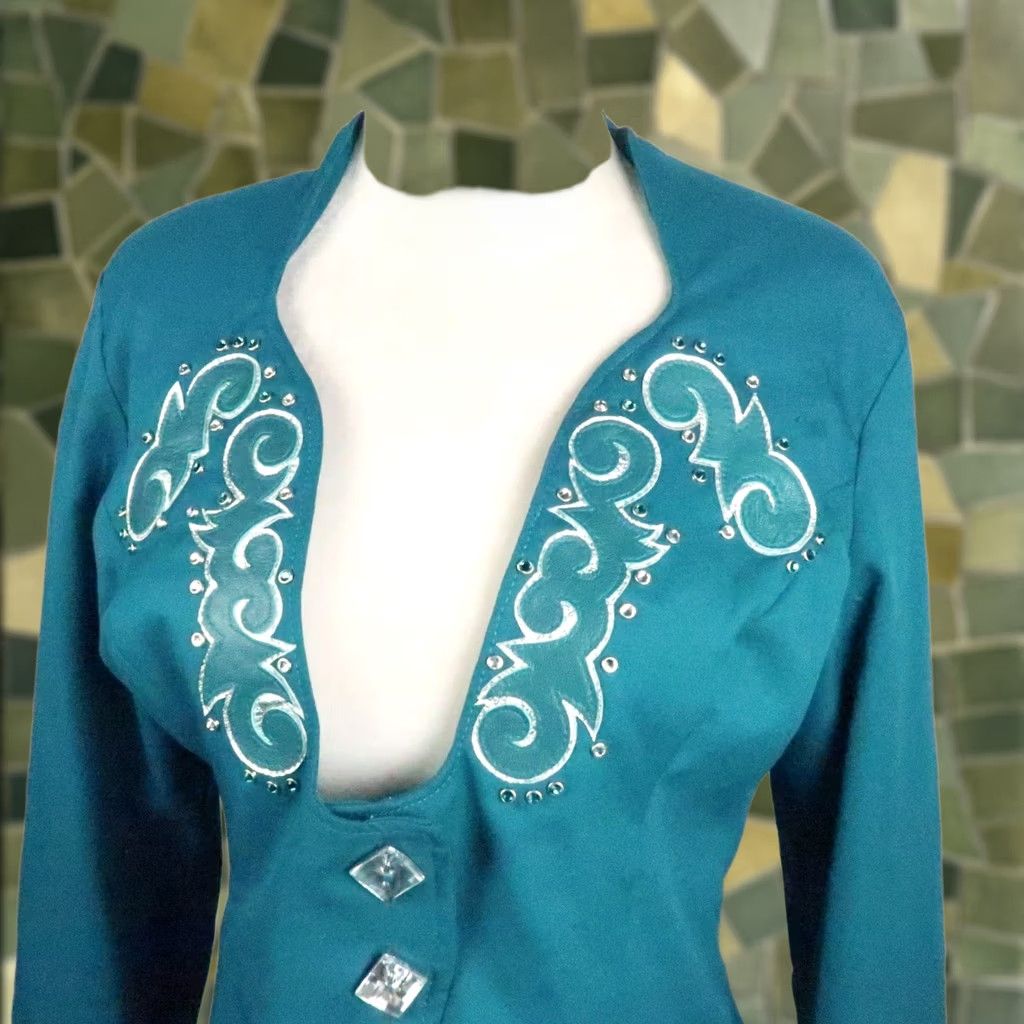 Altea VINTAGE 80s Teal Green Rhinestone Western Patch Rodeo Jacket S Women's Long Sleeve Polyester Jacket rhinestone western patch rodeo jacket Size S / US 4 / IT 40 - 1 Thumbnail