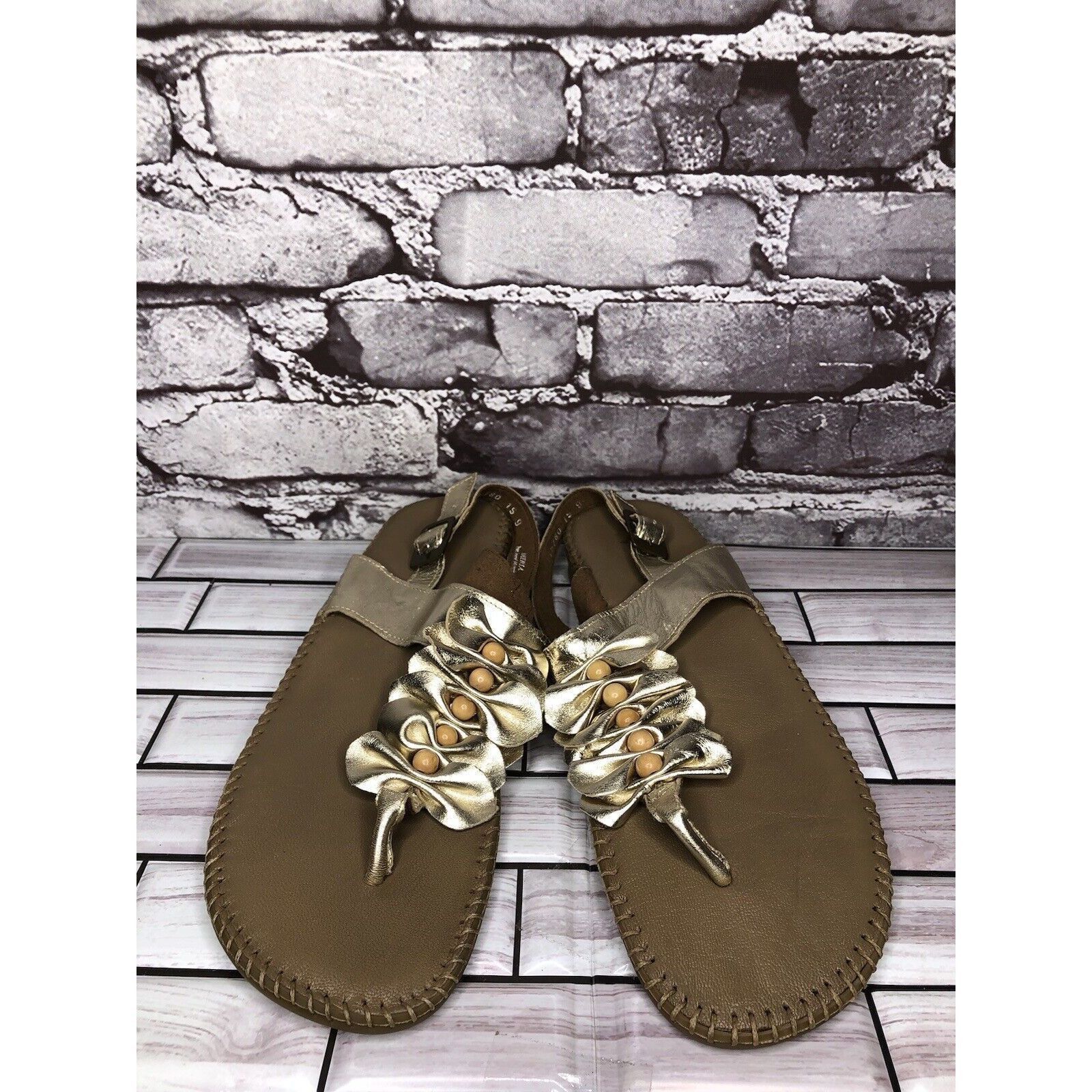 LITTLE AFRICA Soul of Africa Brown Leather Flower Ruffle Slingback Sandals Size US 11 / IT 41 - 12 Thumbnail