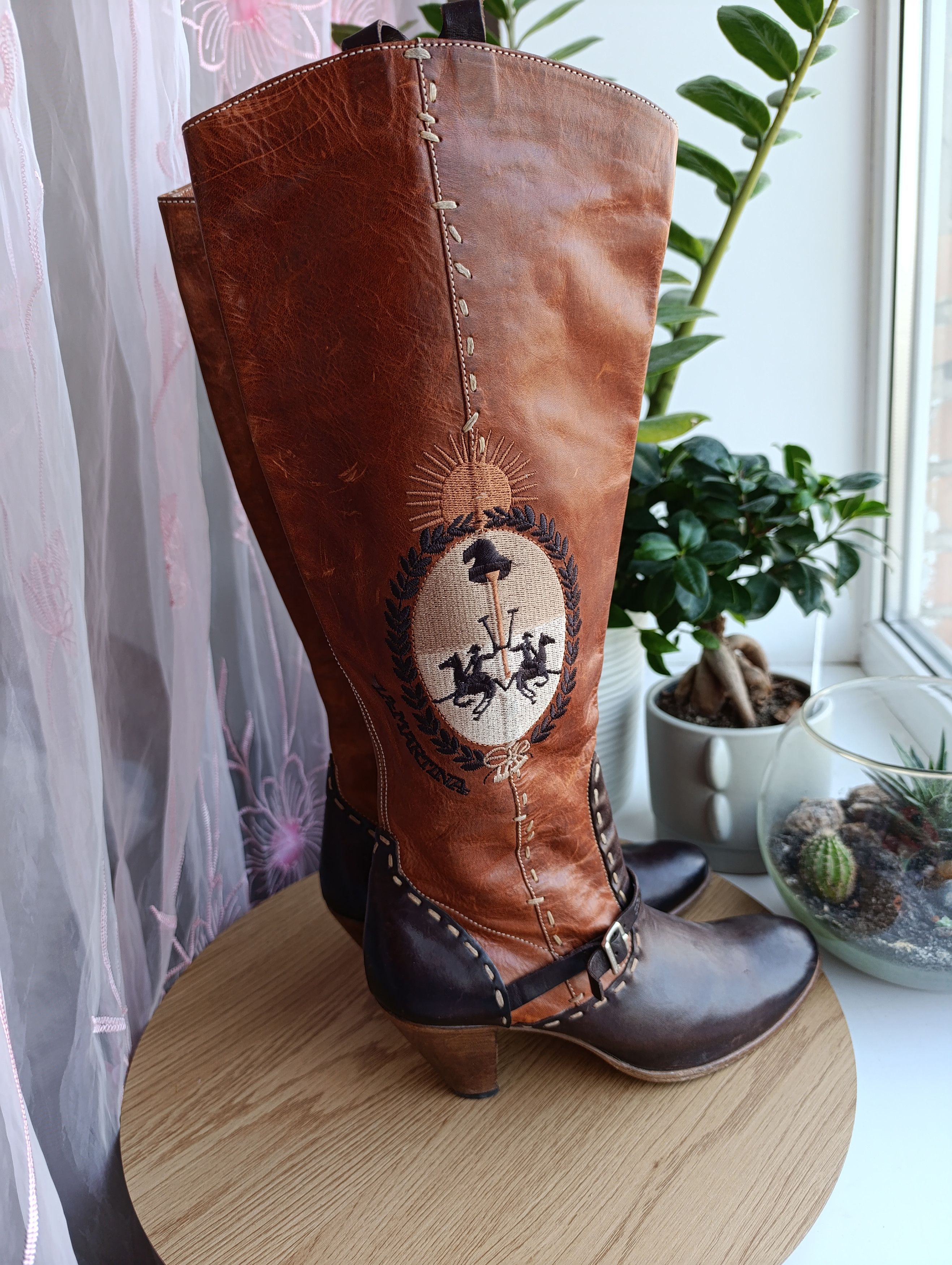 La Martina LA MARTINA BROWN LEATHER KNER HIGHT HEELED ZIP BOOTS Size US 8 / IT 38 - 1 Thumbnail