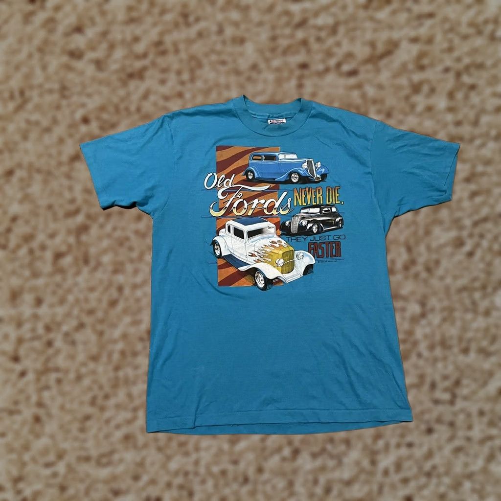 Hanes VINTAGE 1988 Old Fords Never Die They Just Go Faster Hot Rod T-Shirt Adult XL Blue Mens Size US XL / EU 56 / 4 - 1 Thumbnail