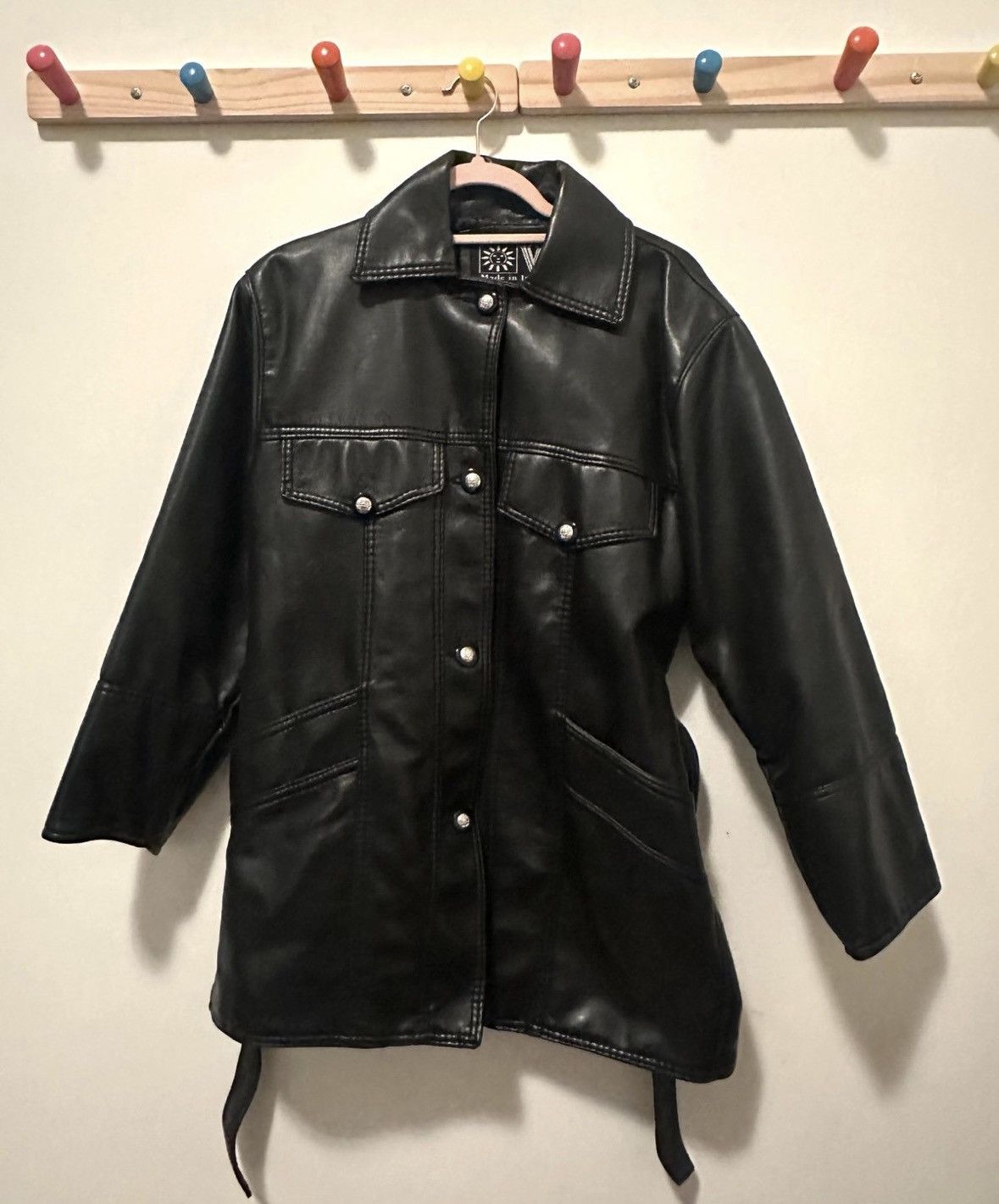 Vintage Vintage - Italian Black Faux Leather Trench Coat w/ Belt (S) Size S / US 4 / IT 40 - 3 Thumbnail