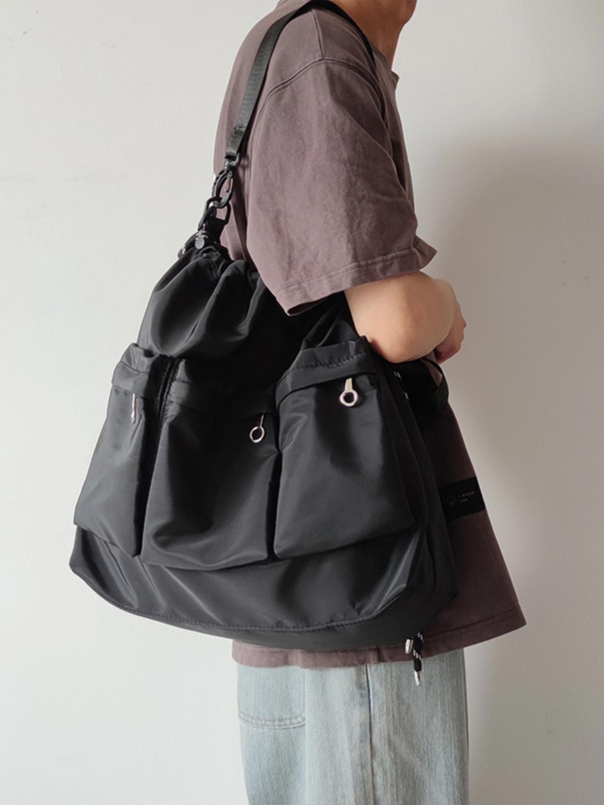Vintage Trendy Black Drawstring Bag with Pockets Size ONE SIZE - 5 Thumbnail