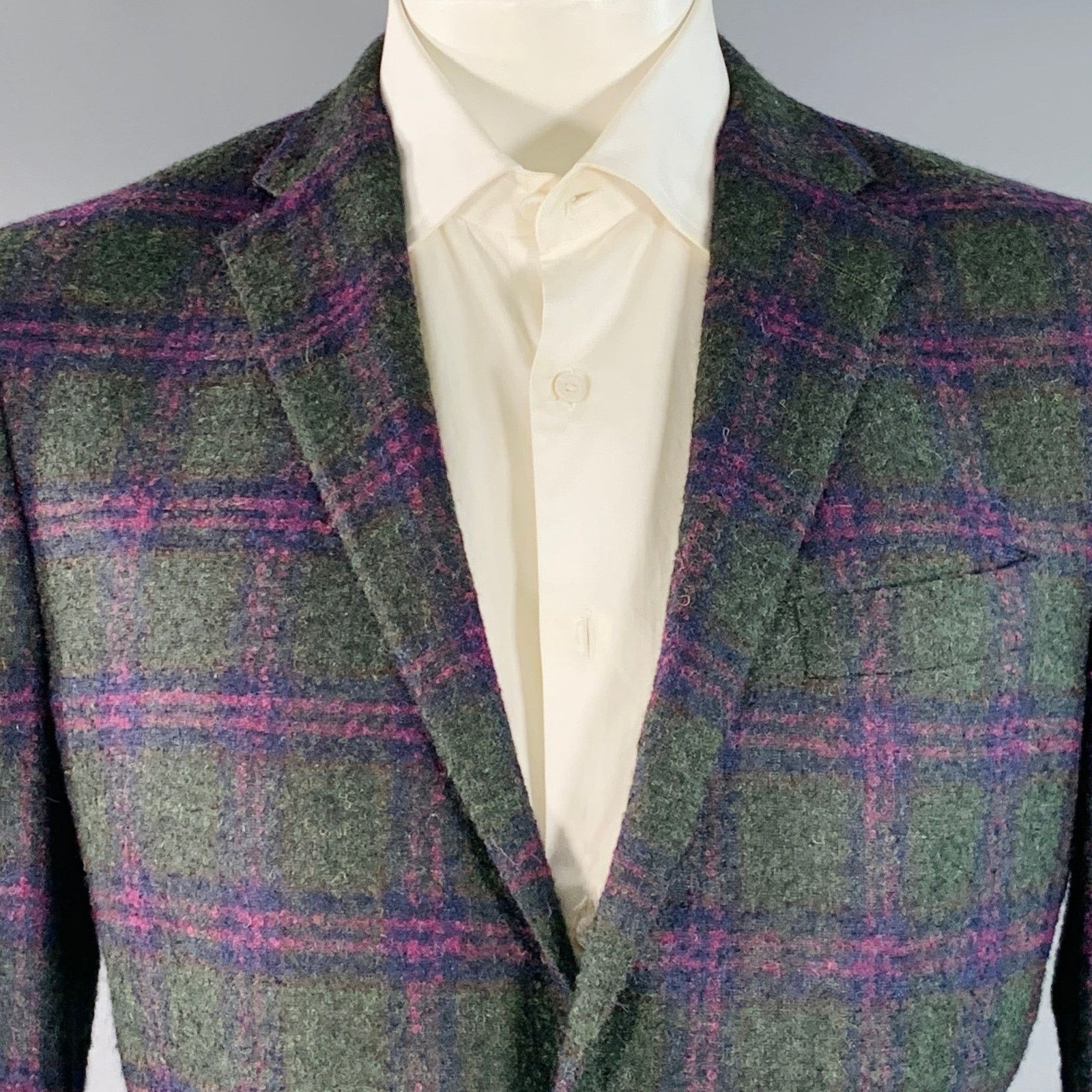 Robert Talbott 42 Regular Green Purple Plaid Alpaca Wool Sport Coat Size 42R - 2 Thumbnail