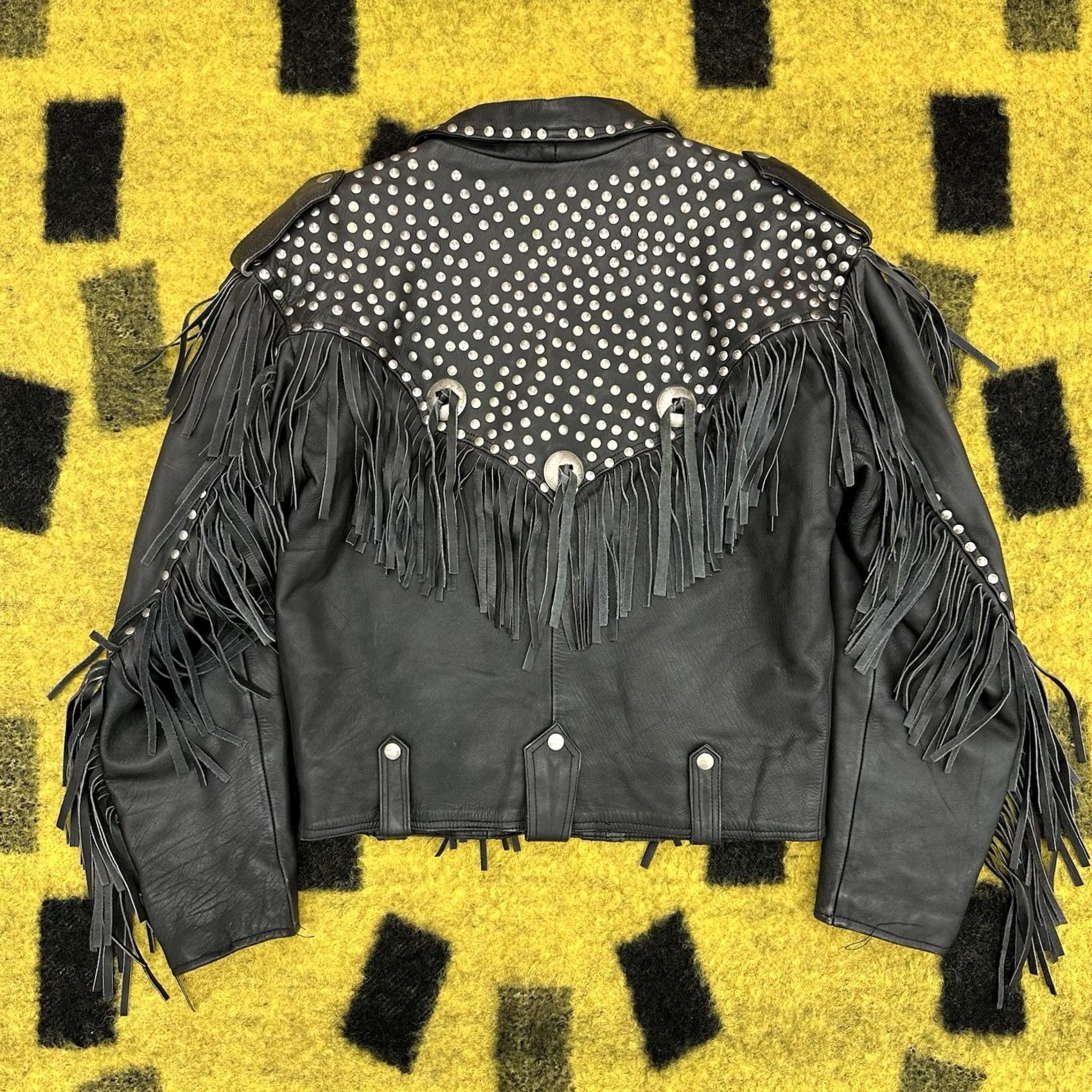 Vintage VINTAGE American Vintage Leather Jacket Biker 80/90s Studded Fringe Black Large Mens Size US L / EU 52-54 / 3 - 2 Thumbnail
