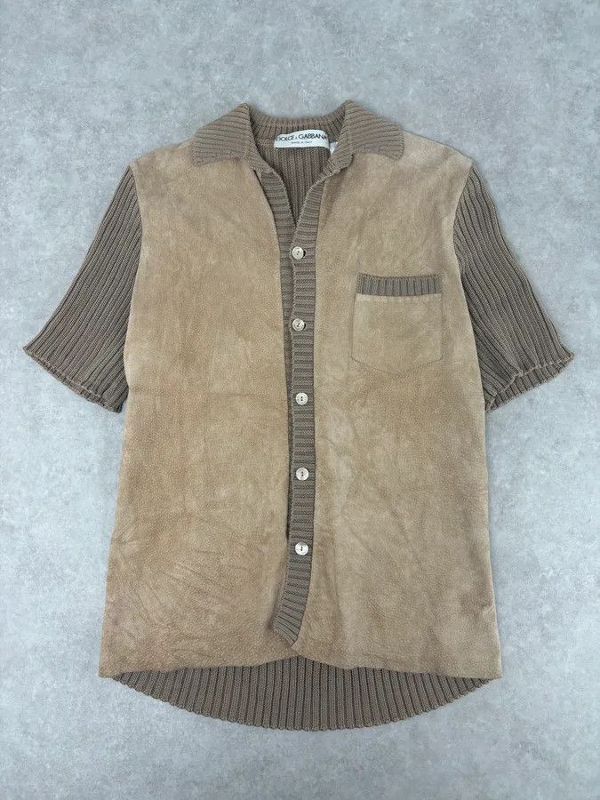 Dolce & Gabbana 1990s Dolce & Gabbana Beige Suede Ribbed Knit Hybrid Cardigan Shirt Size US M / EU 48-50 / 2 - 1 Thumbnail