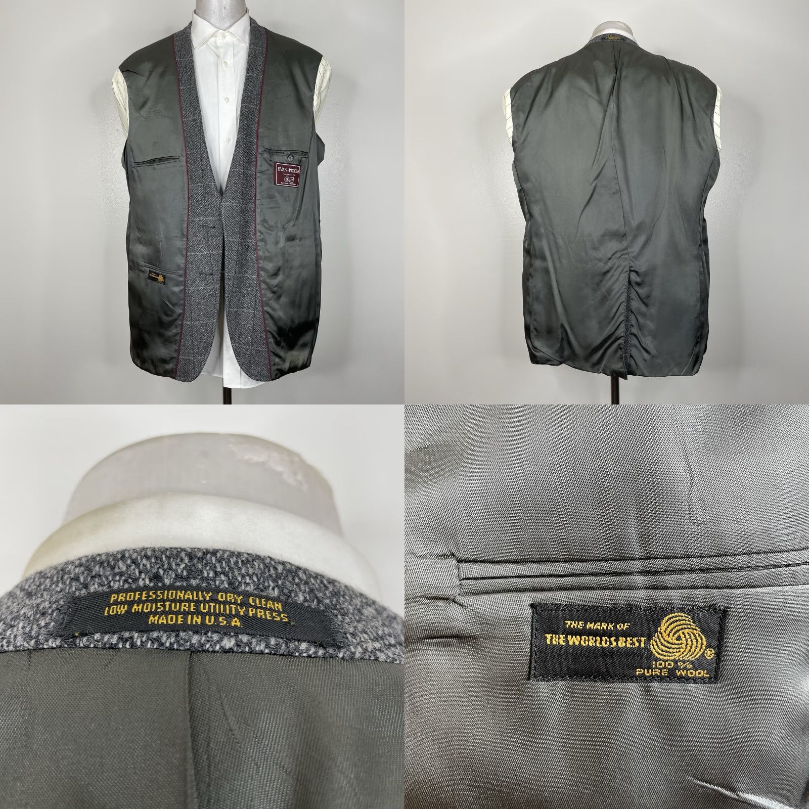 Evan Picone USA Made Sport Coat Mens 46L Gray Textured Check Wool Two Buttons Blazer Jacket Single-Breasted Notch Long - 46L Gray Evan Picone Mens USA