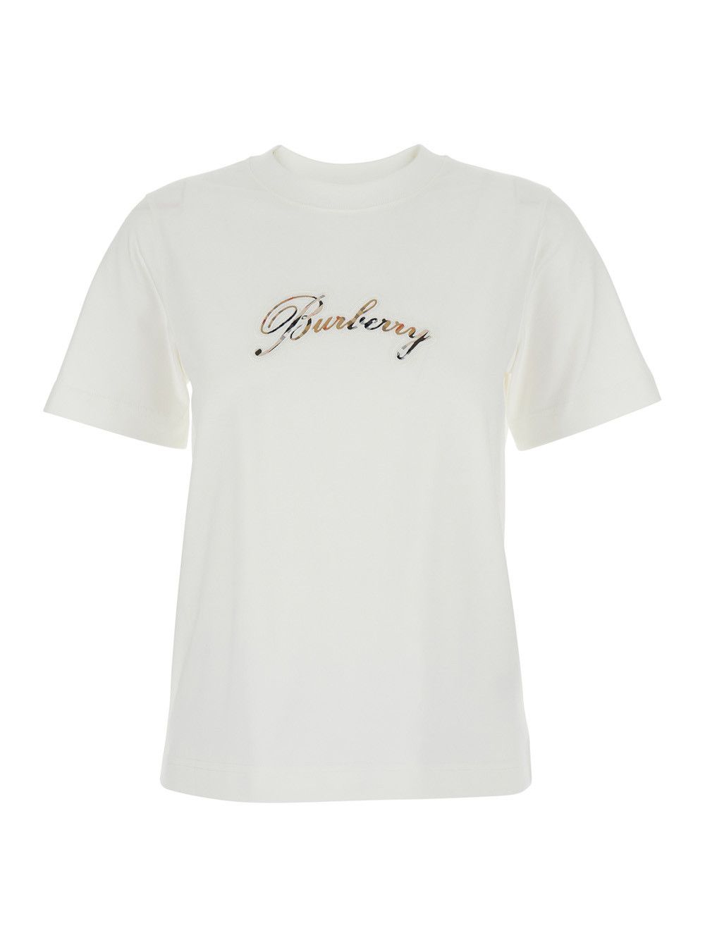 Burberry White Crew Neck T-Shirt with Logo Lettering on the Front in Cotton for Women Size M / US 6-8 / IT 42-44 - 1 Thumbnail