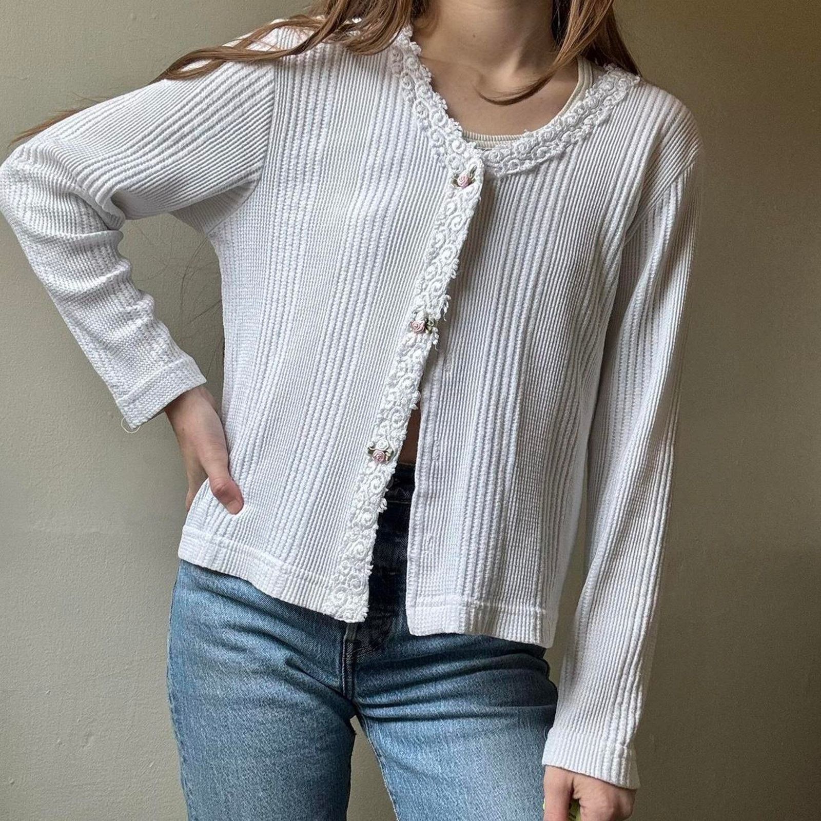 Vintage Vintage LA Gold Ribbed Rose Cardigan Intimates Femme Size ONE SIZE - 1 Thumbnail