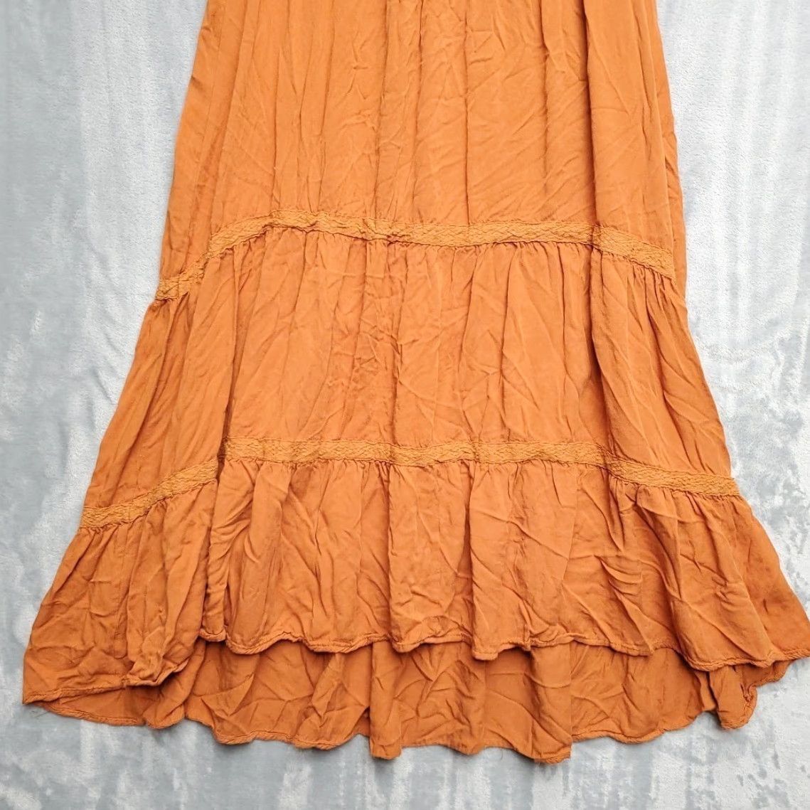 Born Baltic Born Women's Dress L Copper Orange Tiered Lace Trim Midi Rayon Dress Size L / US 10 / IT 46 - 2 Thumbnail