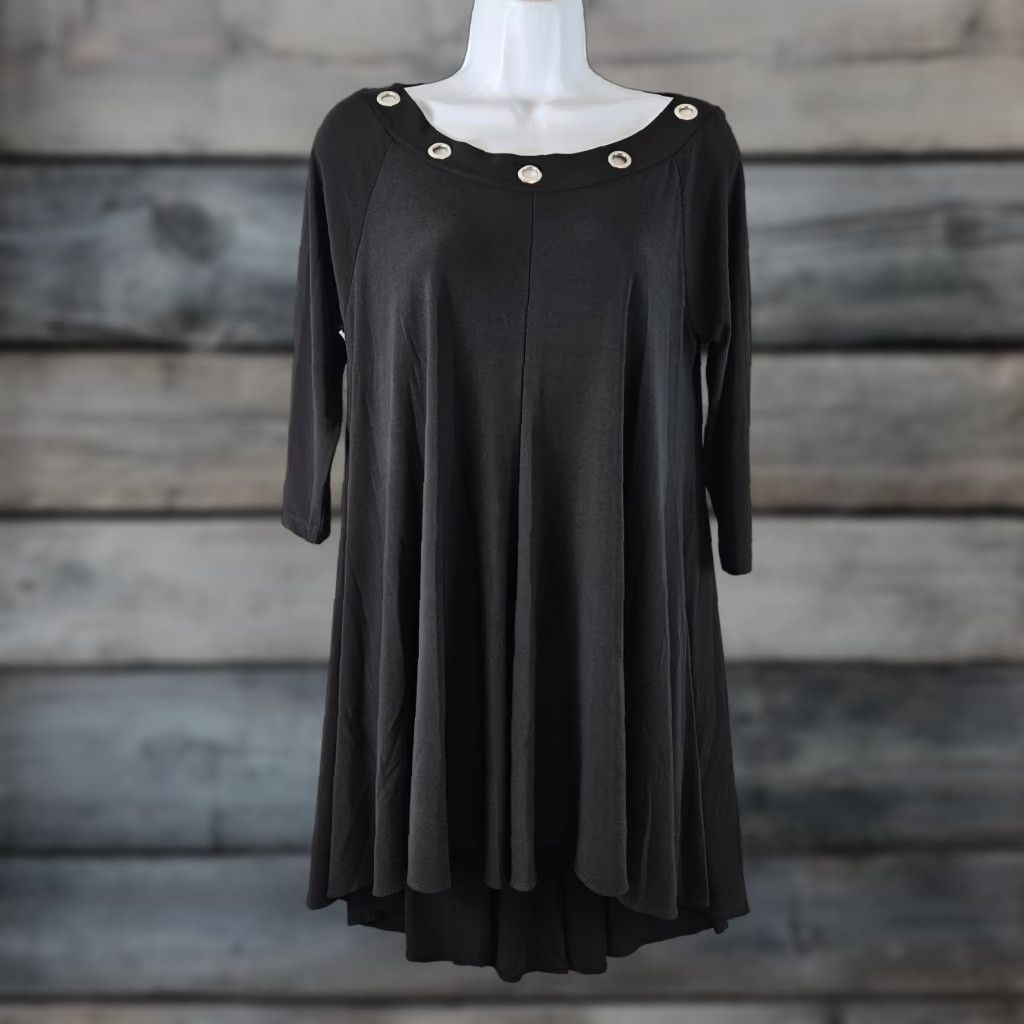 Vintage Sun Kim Womens Tunic M Solid Black 3/4 Sleeve Grommets Shirt Womens Med Black Sun Kim Tunic Size M / US 6-8 / IT 42-44 - 1 Thumbnail