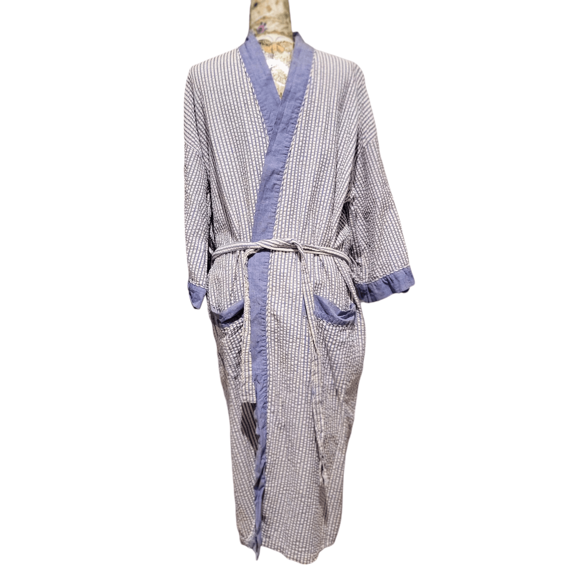 Bill Blass Bill Blass Lightweight Blue White Seersucker Cotton Robe Size ONE SIZE - 2 Thumbnail