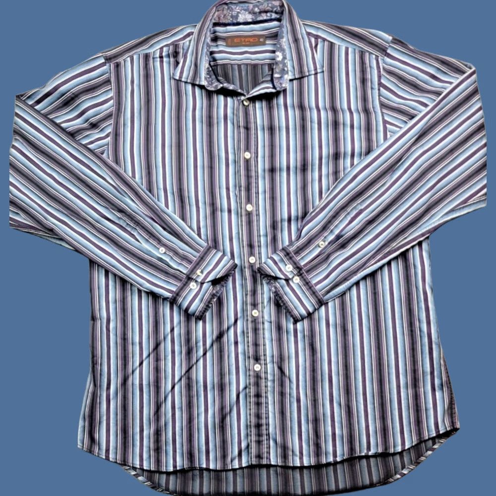 Etro Etro Milano Shirt Mens 42 Blue Purple Stripe Button Down Made in Italy Shirt Button-Up Casual Career Modern Designer Mens Size US XL / EU 56 / 4 - 1 Thumbnail