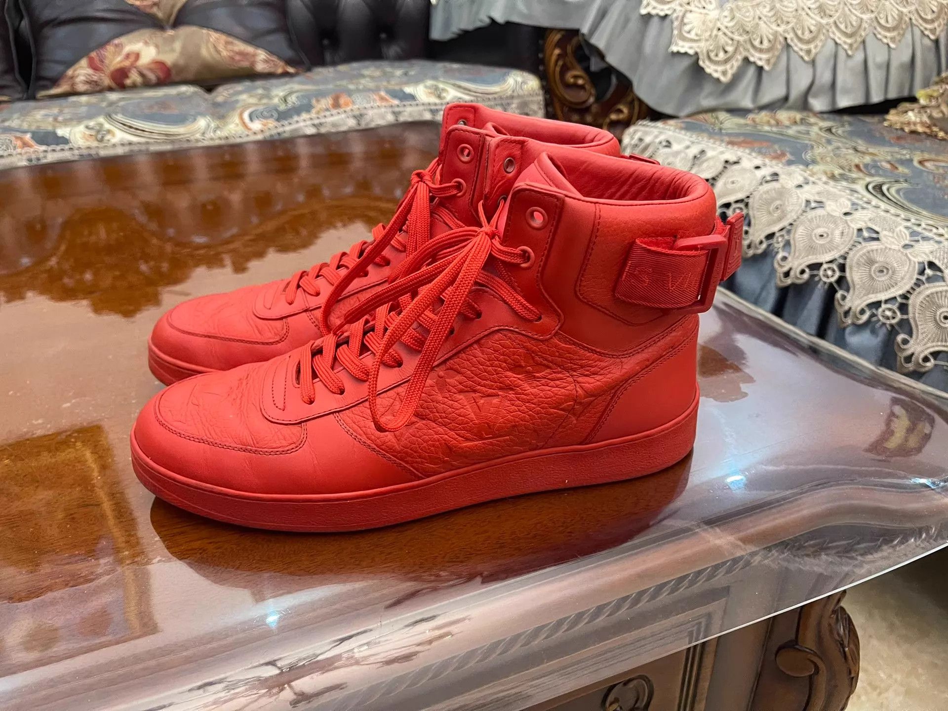 Louis Vuitton LV High-Top 7US Red Litchi Leather Full Logo Kicks Size US 8 / EU 41 - 2 Thumbnail