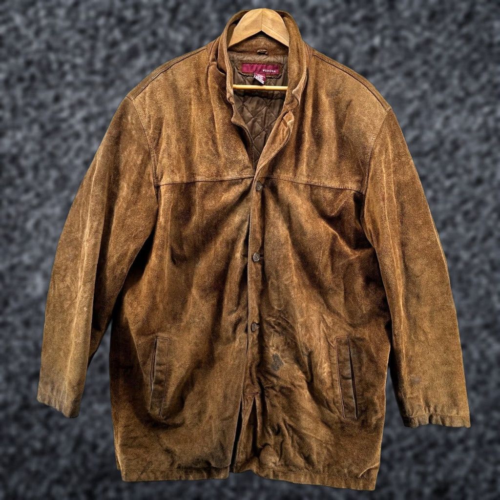 Merona VINTAGE Merona Leather Jacket Cowhide Suede Long Brown Mens L Regular Western Cowboy Quilted Coat Jacket Size US L / EU 52-54 / 3 - 1 Thumbnail