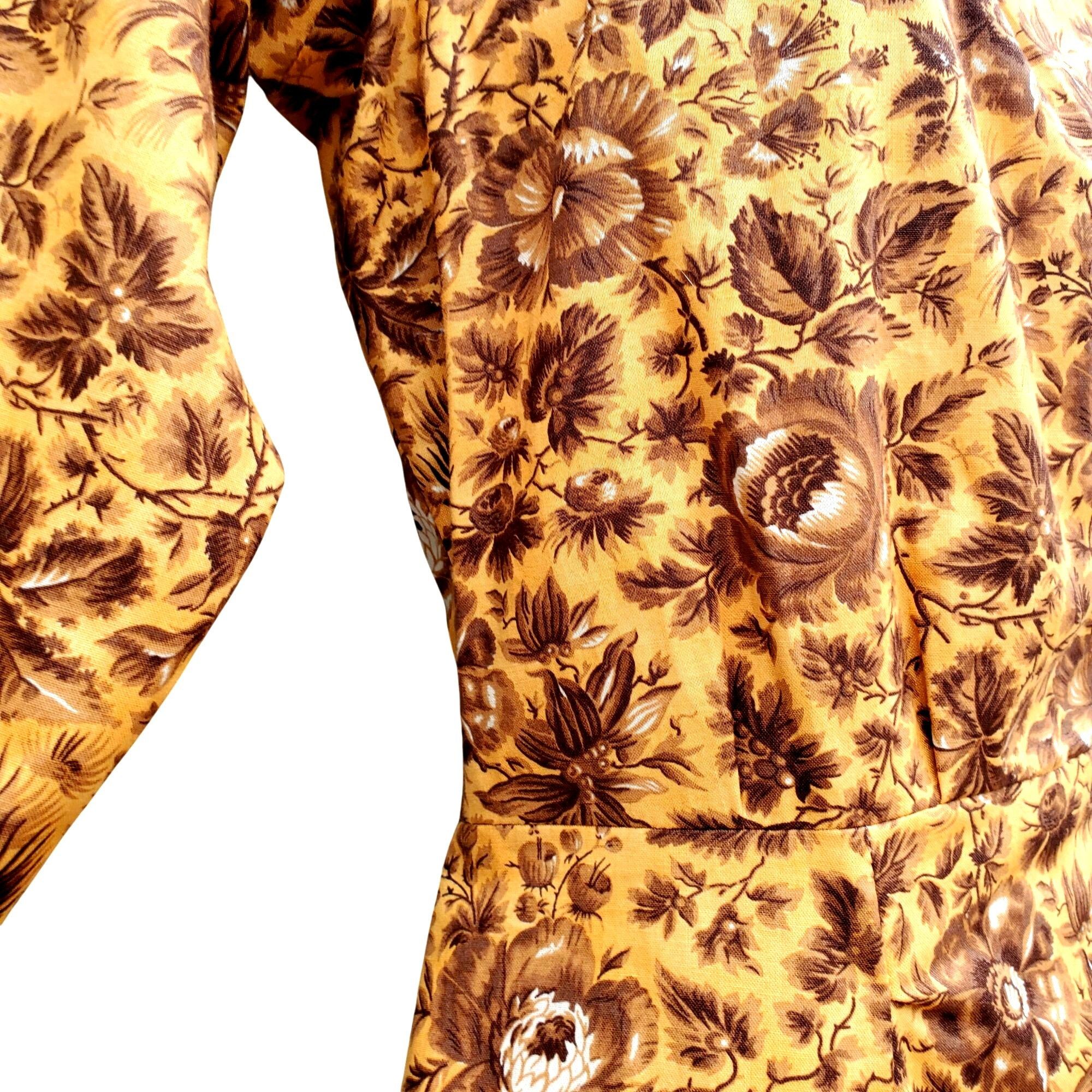 Handmade Vintage 70s Yellow Brown Floral Midi Dress Prairie Boho Autu Size L / US 10 / IT 46 - 9 Thumbnail