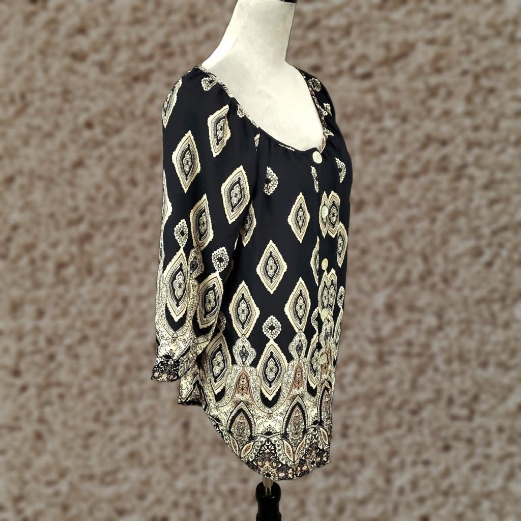 Vintage Fig and Flower Button-Up Top Womens M Navy Blue Tan Front Tunic Sheer Medium Size M / US 6-8 / IT 42-44 - 1 Thumbnail