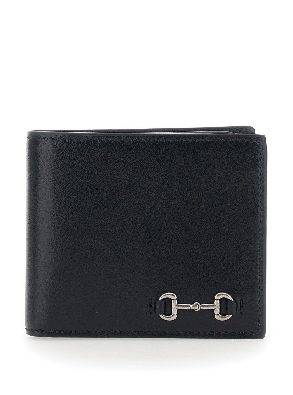 Black Bi-Fold Wallet with Horsebit on the Front and Embossed Logo on the Inside in Leather Man
