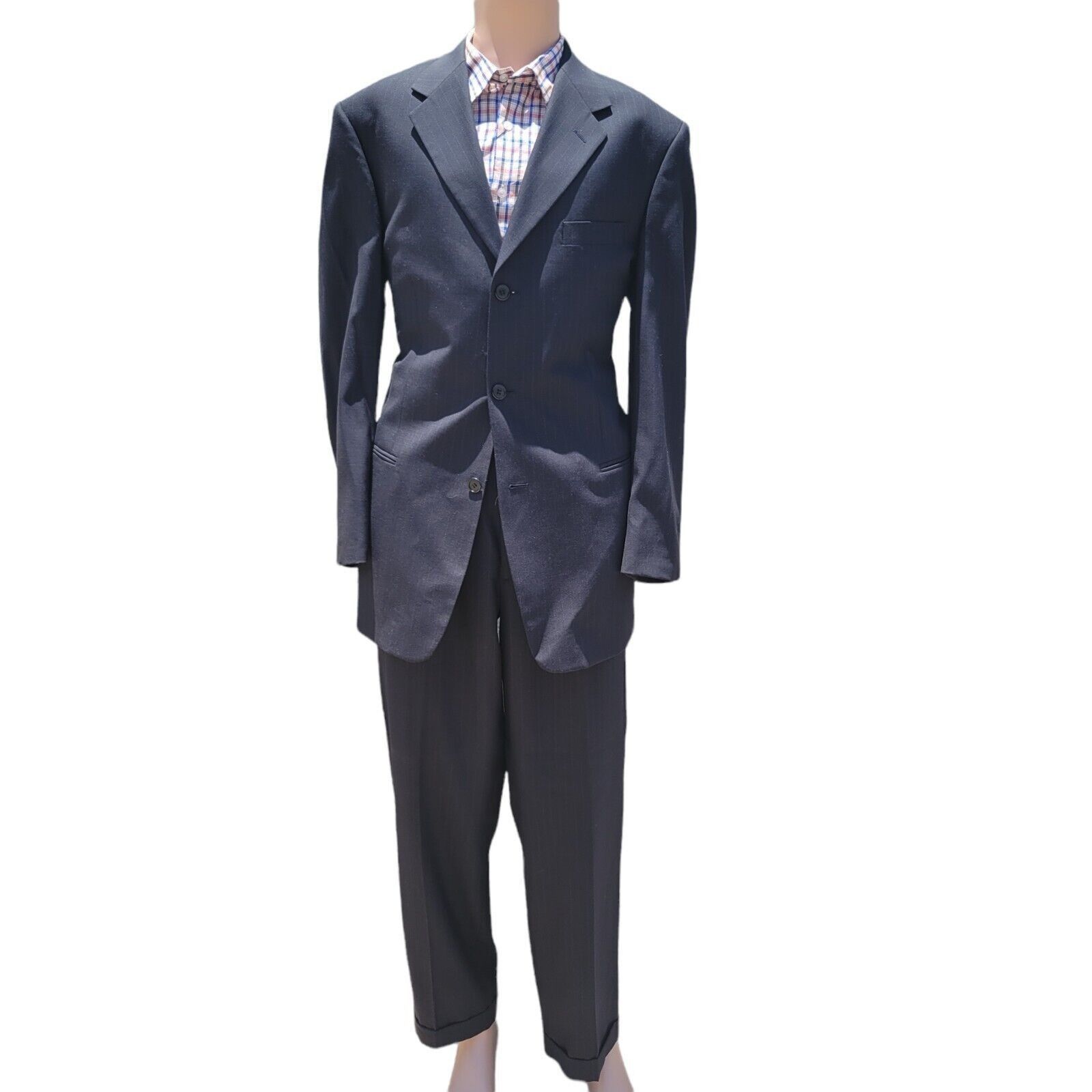 Dillard's Men's 3-Button Navy Suit with light gray pinstripe. Size 42L - 1 Thumbnail