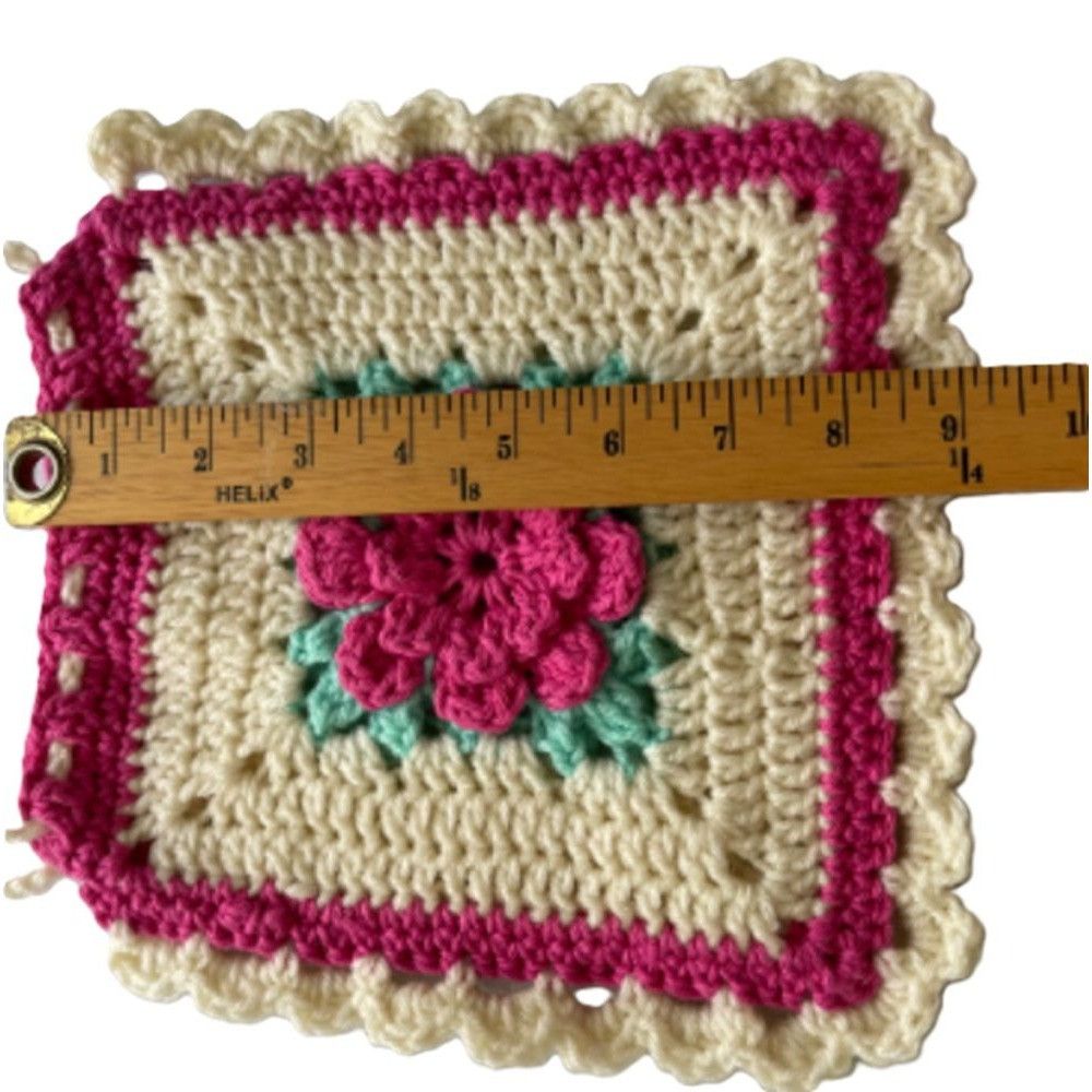 Handmade Crochet Purse Granny Square 3D Flower Pink Mint Cream 9" Dra Size ONE SIZE - 3 Thumbnail