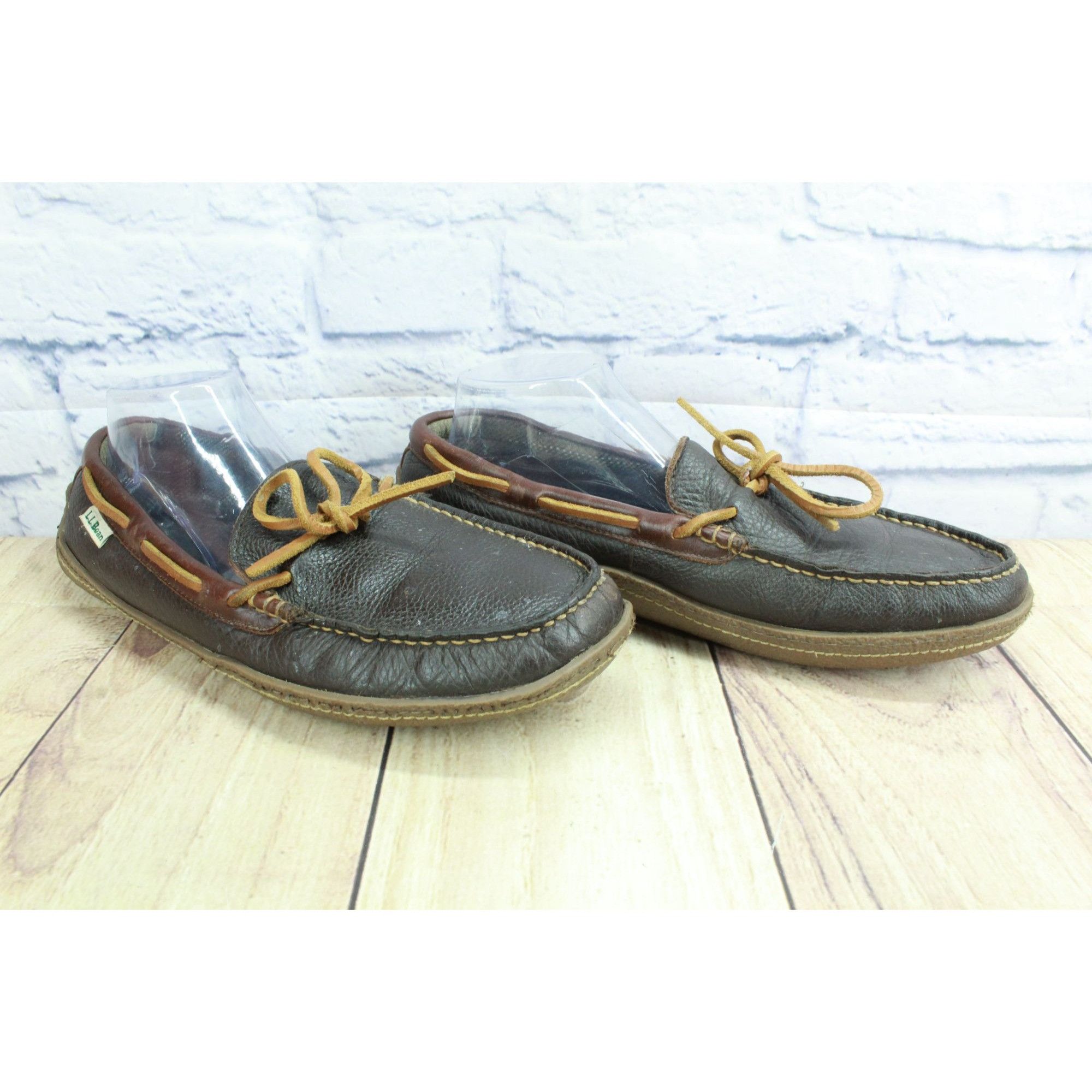 L.L. Bean LL Bean Brown Leather Flannel Lined Moccasin Slippers Size US 10 / EU 43 - 3 Thumbnail