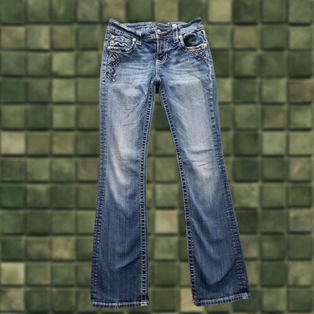Miss Me Miss Me Jeans Womens 28x32 Regular Fit Boot Cut Mid Rise Aztec Distressed Denim Size 28" / US 6 / IT 42 - 1 Thumbnail