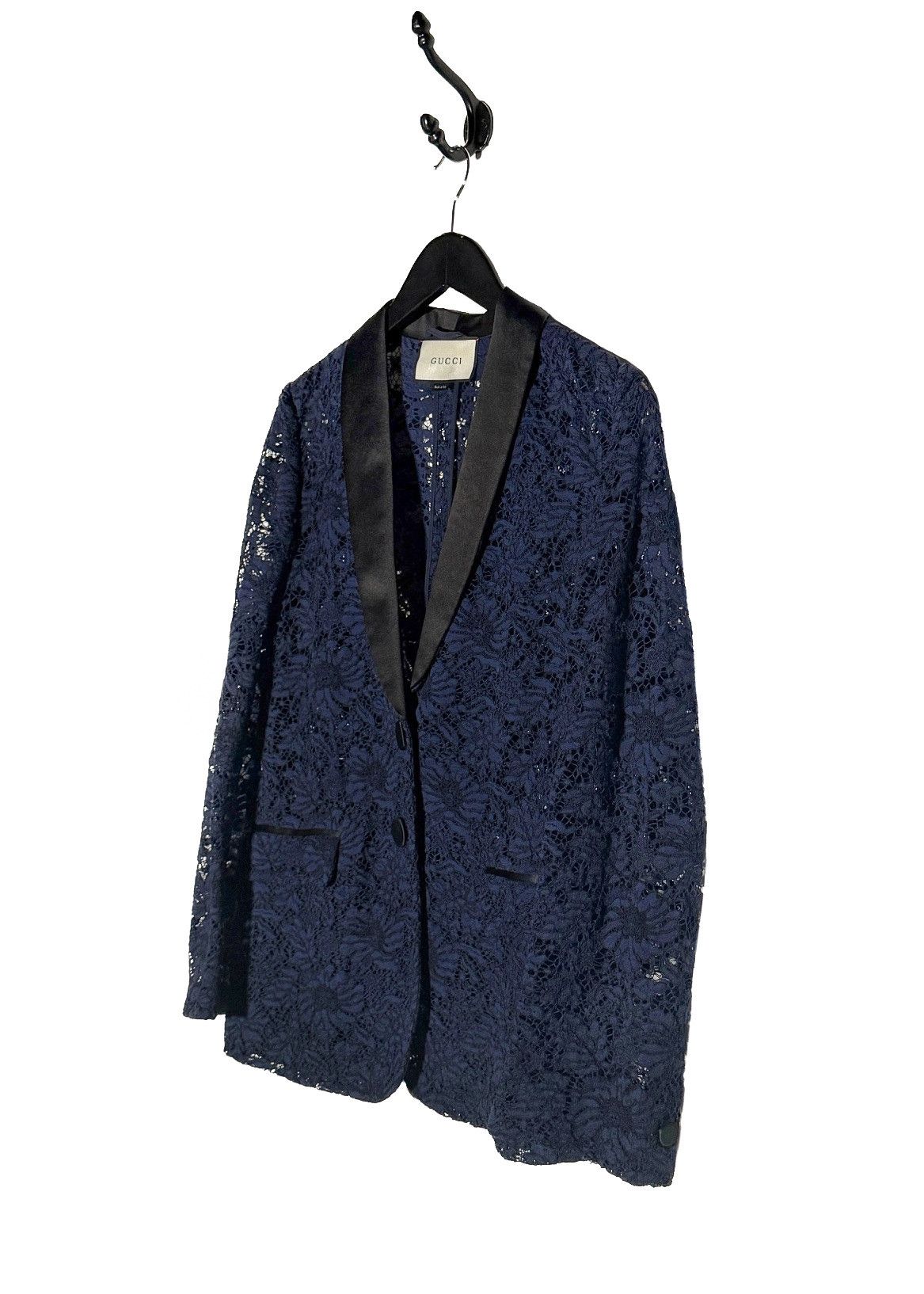 Gucci Gucci Navy Blue Lace Satin Tuxedo Lapel Blazer Size M / US 6-8 / IT 42-44 - 2 Thumbnail