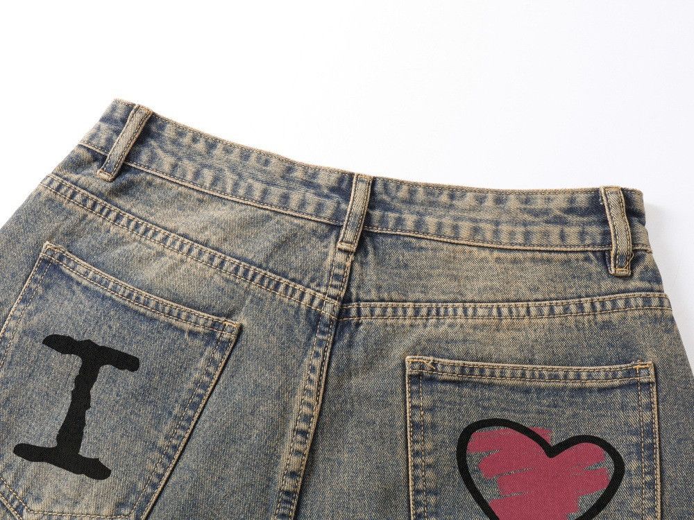 Vintage Men's washed distressed retro punk letter heart print jeans Size US 32 / EU 48 - 2 Thumbnail