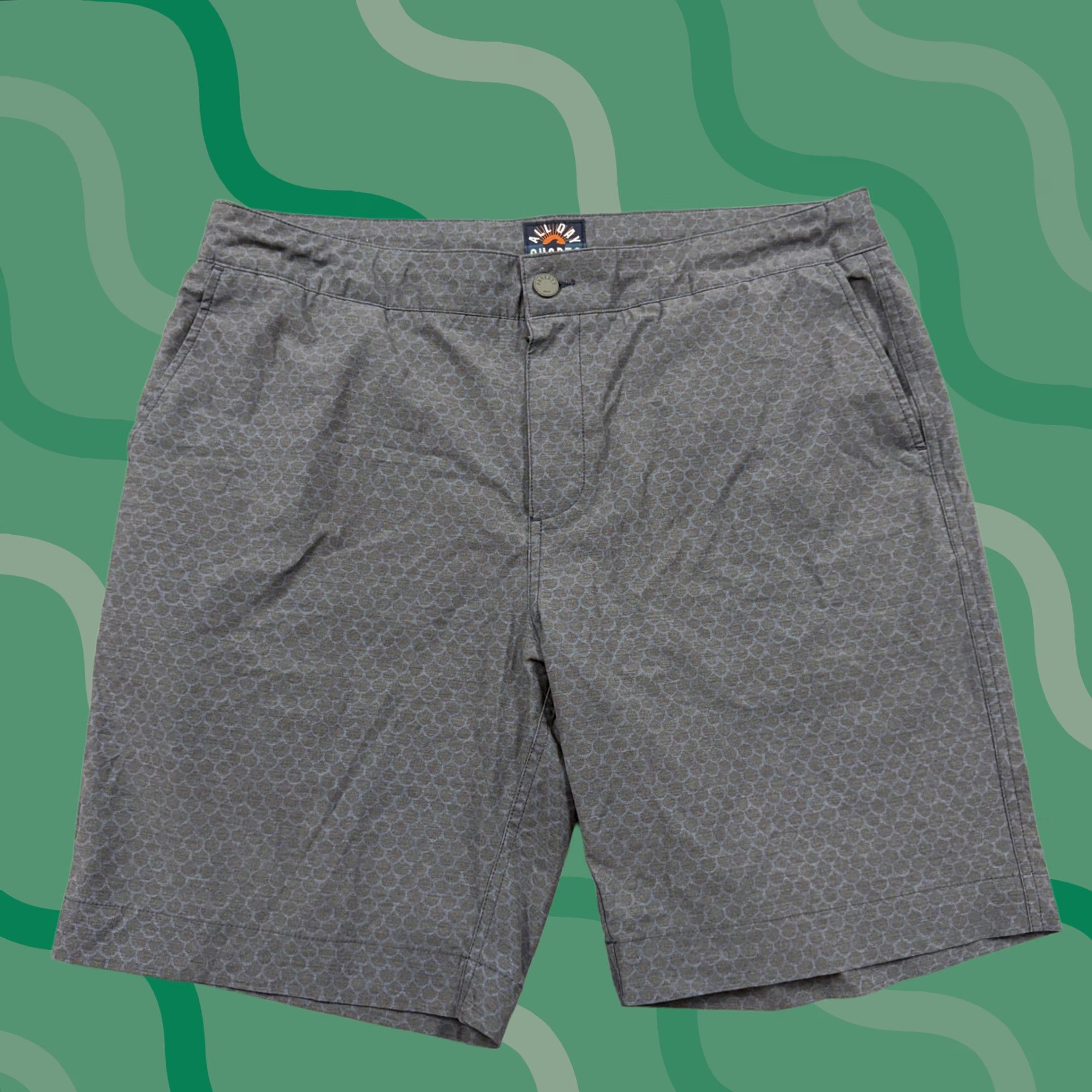 Vintage Faherty Brand Men's Chino Shorts 36 Gray All Day Geo Print 9 Inseam Stretch, Flat Front, Pockets, Drawstring, Zip, Logo, Casual, Summer, Mens Size US 36 / EU 52 - 1 Thumbnail