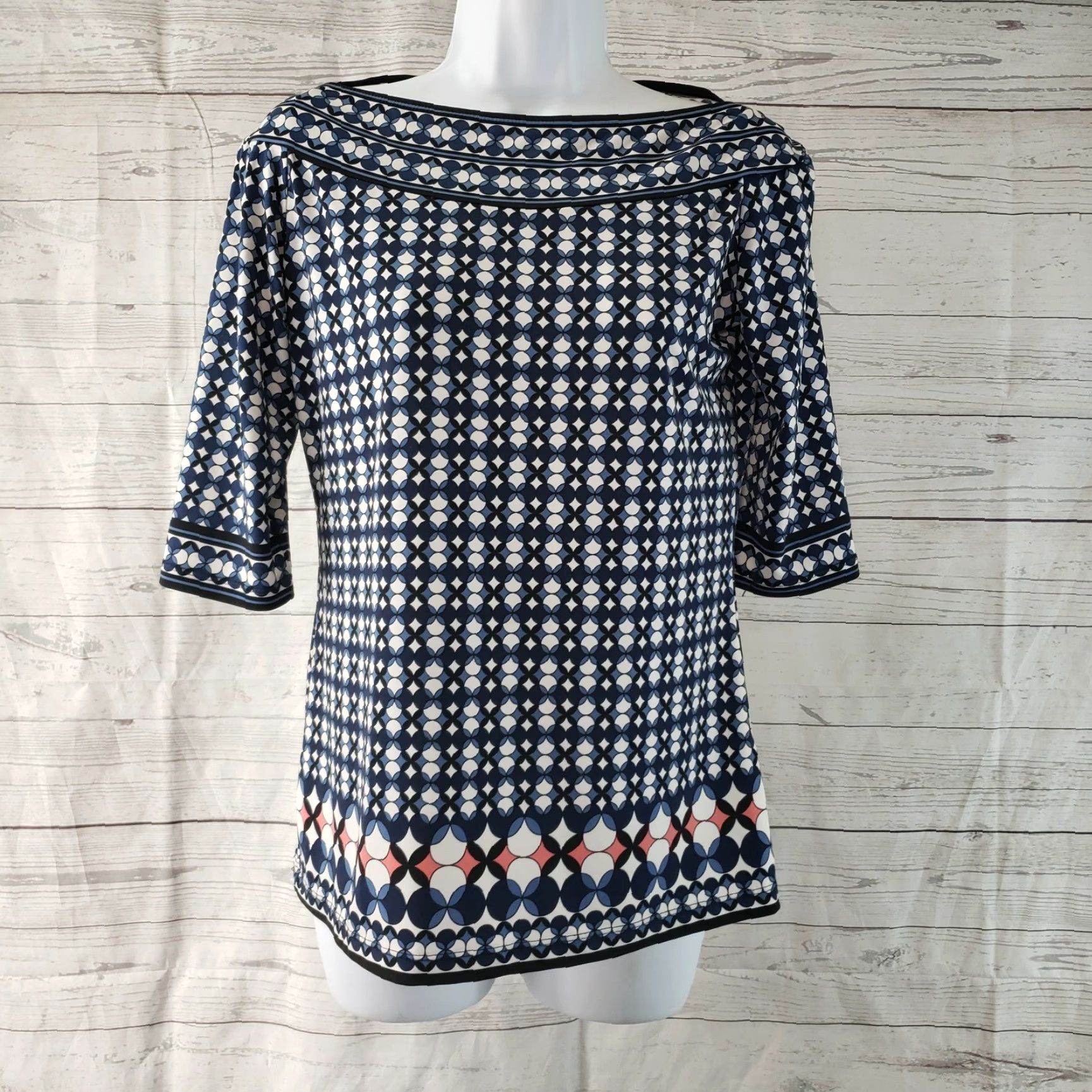Vintage Max Studio Womens Blouse Sz S Blue Pink Printed Boat Neck Half Sleeves Size S / US 4 / IT 40 - 2 Thumbnail