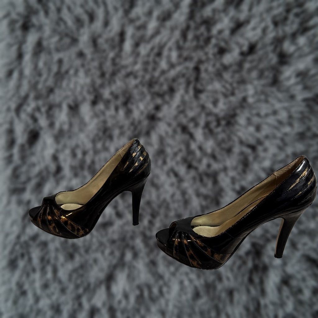 Vintage HIGH Peep Toe Stiletto Womens Size 8 Pump Heel Black Animal Print Party Glam 8 Womens Size US 8 / IT 38 - 1 Thumbnail